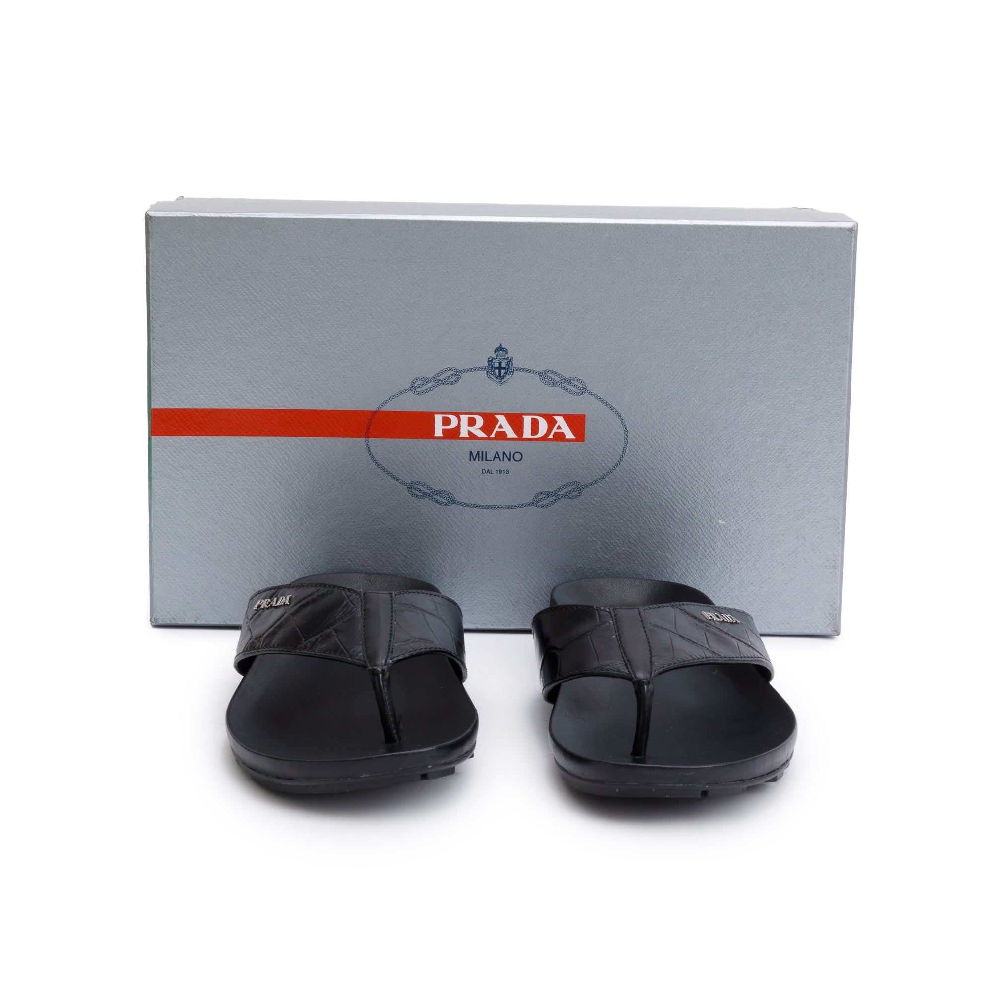 Prada Black Embossed Leather Mens Thong Slide Sandals, Size 7 w/ Box & Authenticity Card