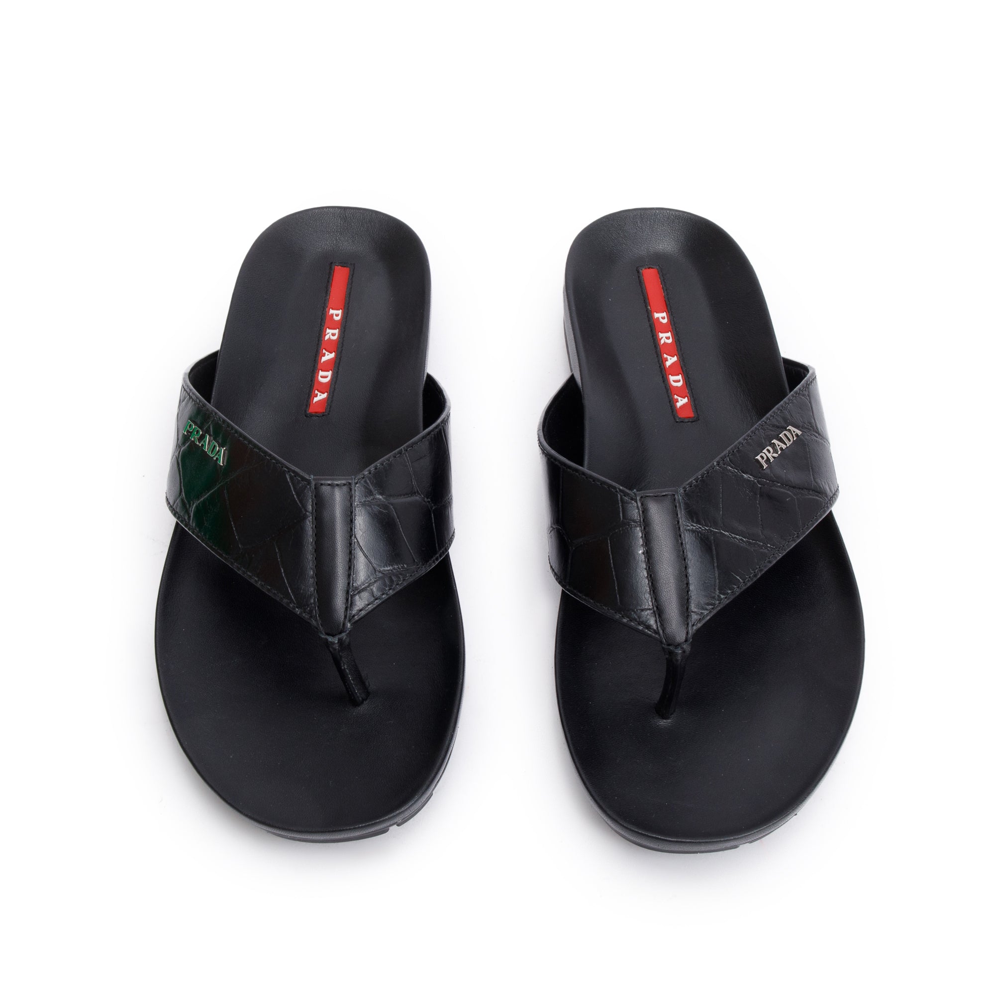 Prada Black Embossed Leather Mens Thong Slide Sandals, Size 7 w/ Box & Authenticity Card