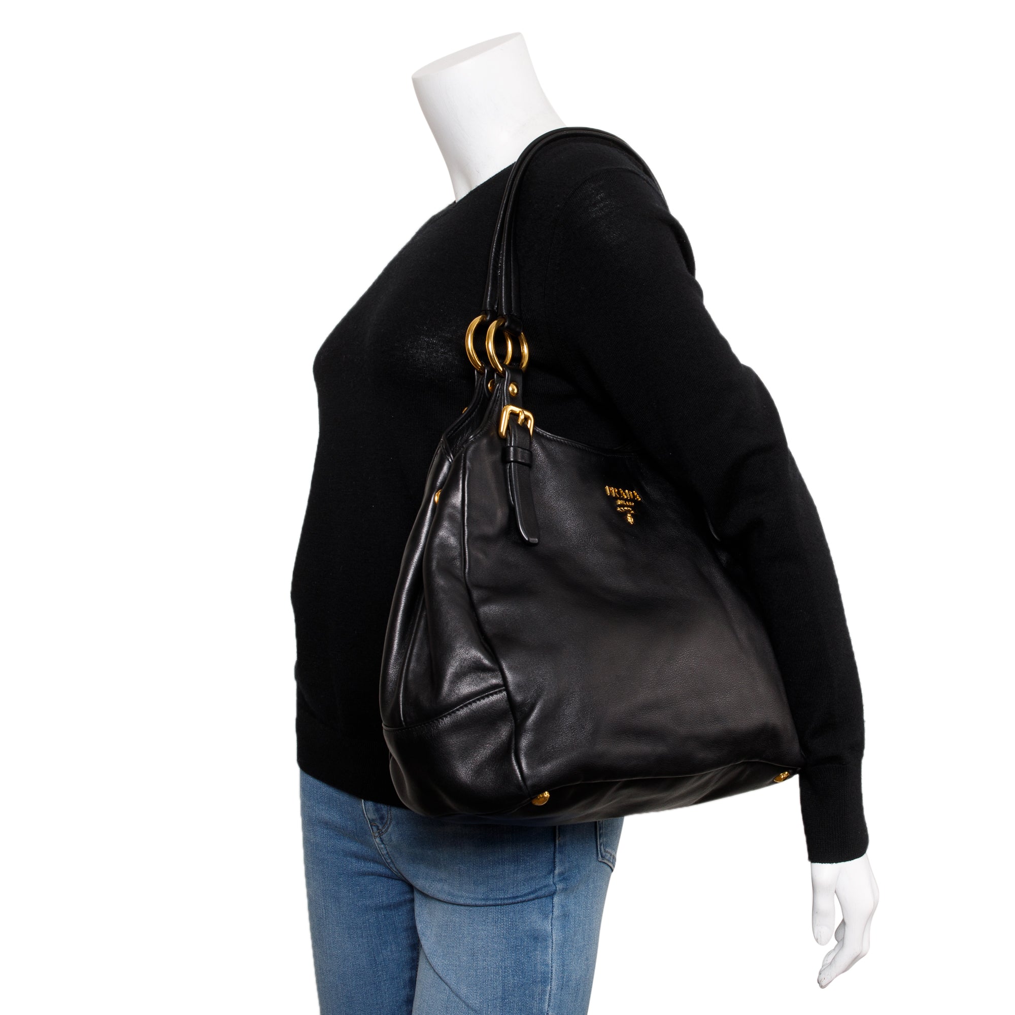 Prada Black Glace Calf Leather Hobo