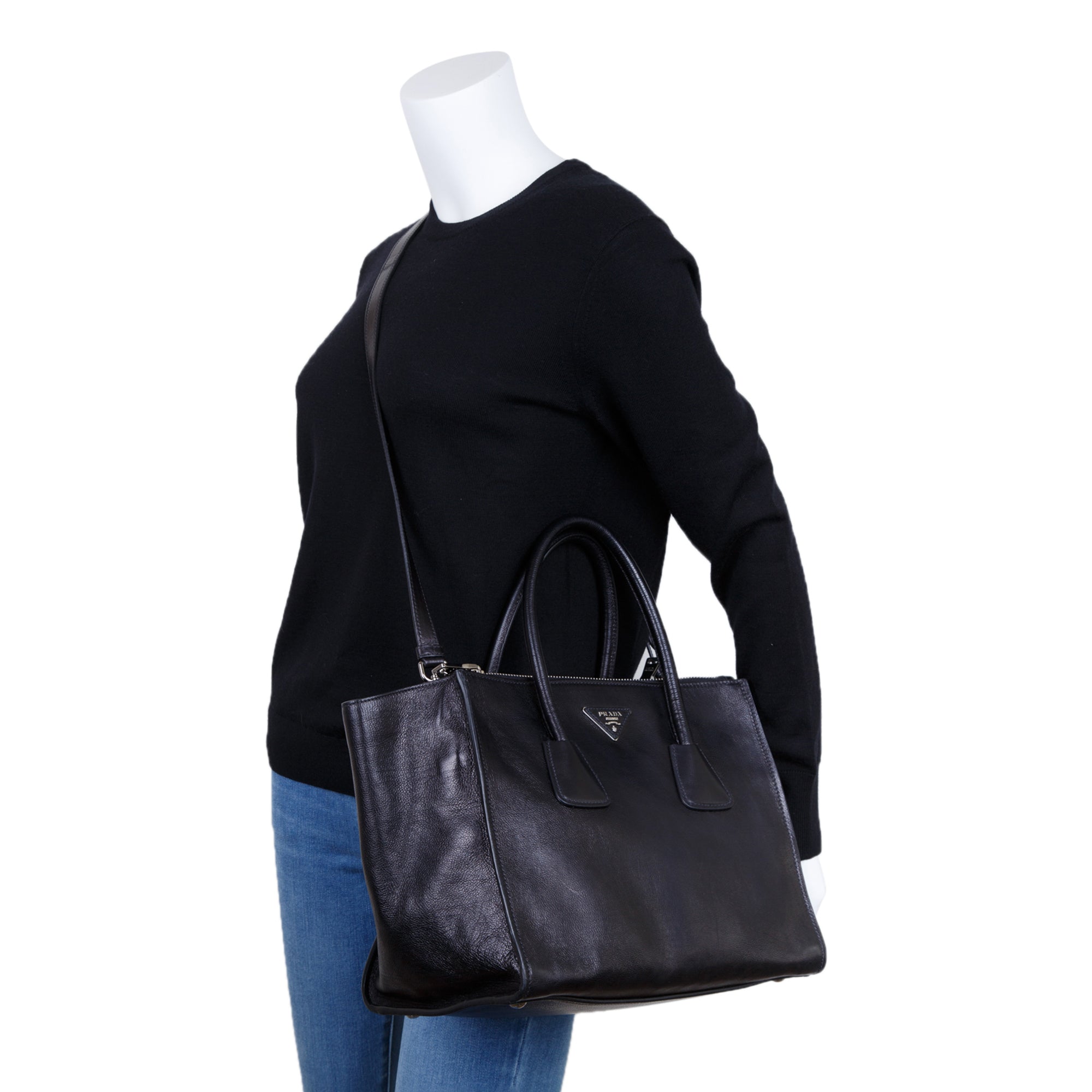 Prada Black Glace Calf Twin Pocket Tote w/ Strap