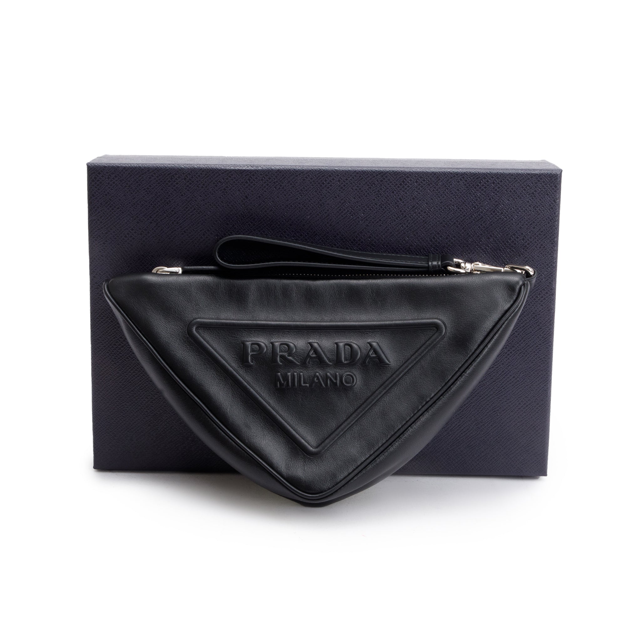 Prada Black Grace Lux Leather Triangle Wristlet Clutch w/ Box & Authenticity Card