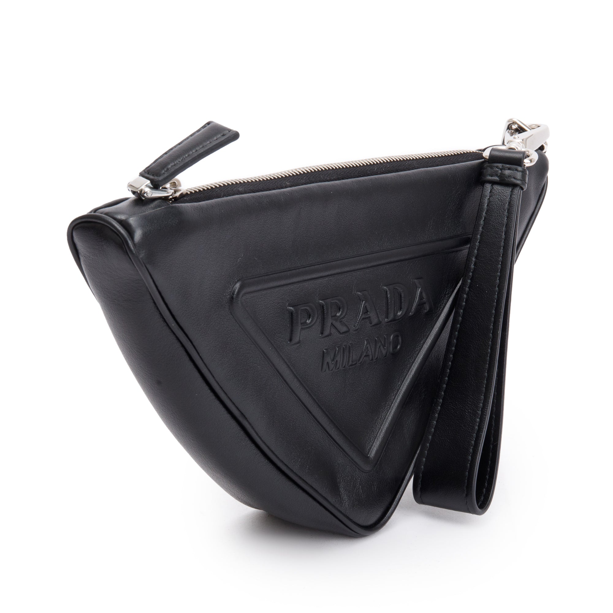 Prada Black Grace Lux Leather Triangle Wristlet Clutch w/ Box & Authenticity Card