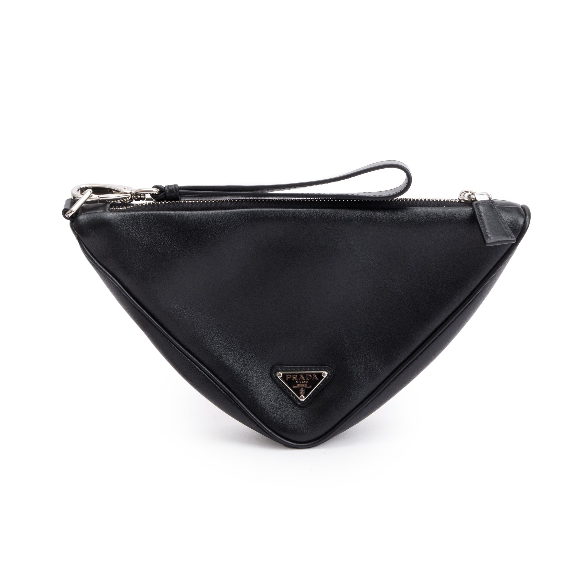 Prada Black Grace Lux Leather Triangle Wristlet Clutch w/ Box & Authenticity Card