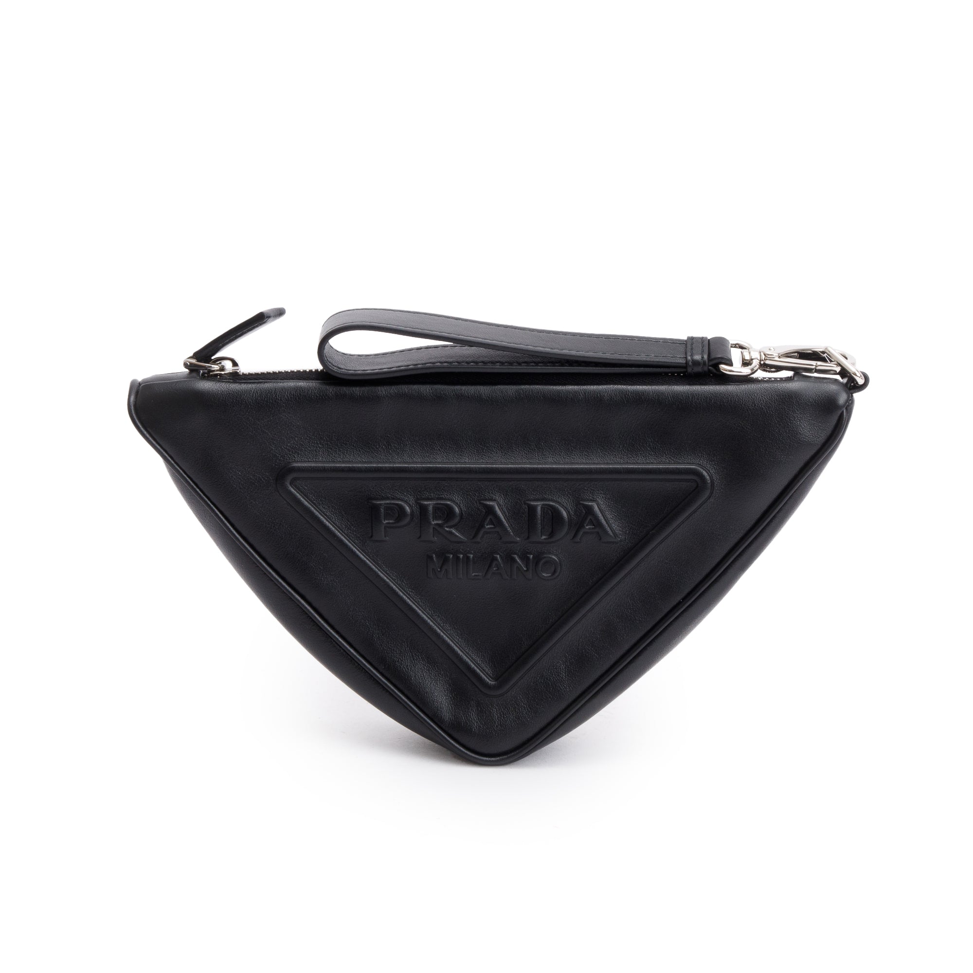 Prada Black Grace Lux Leather Triangle Wristlet Clutch w/ Box & Authenticity Card