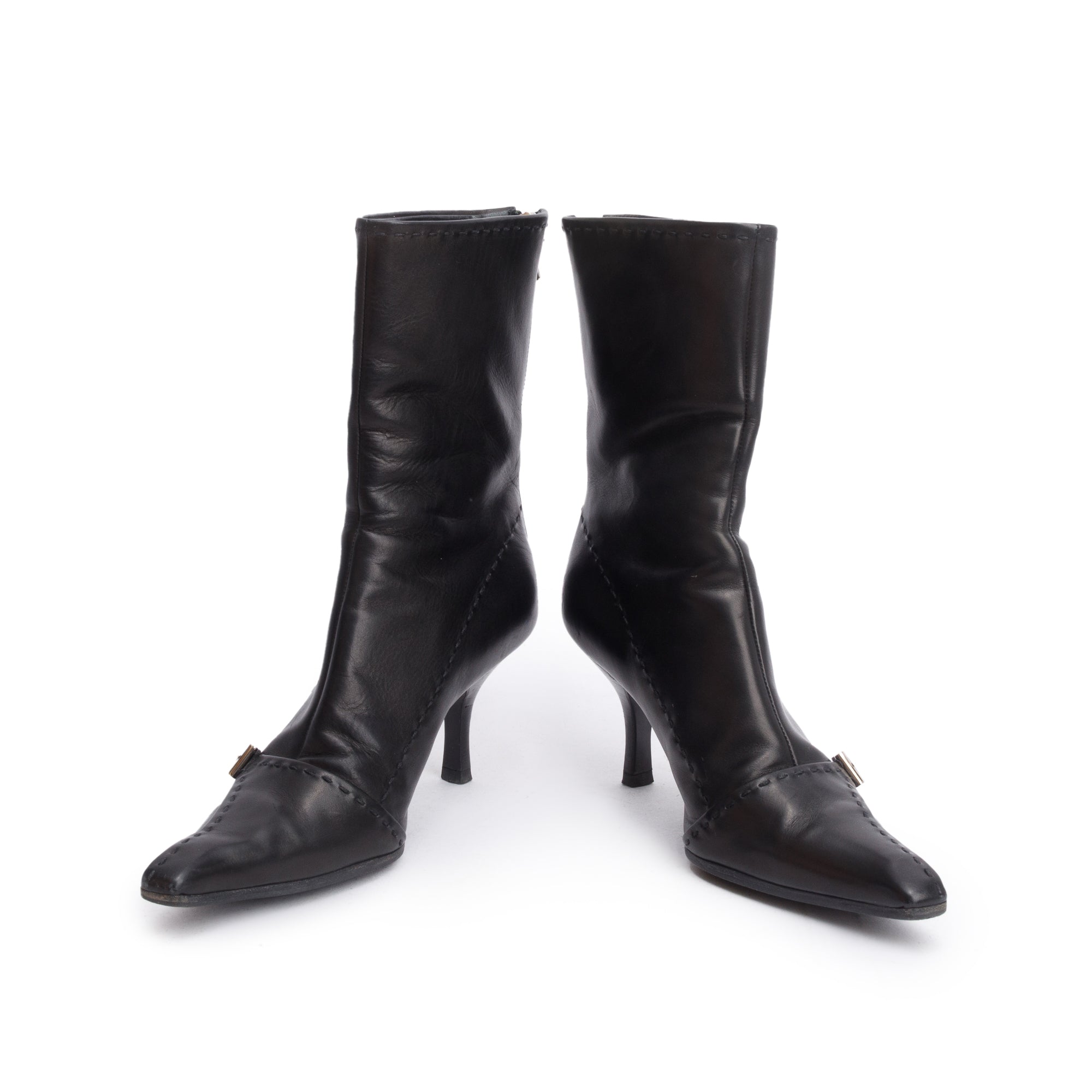 Prada Black Leather Buckle Accent Pointed Toe Ankle Boots, Size 37.5