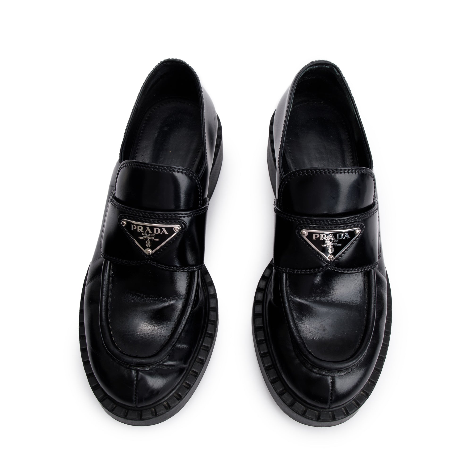 Prada Black Leather Signature Logo Loafers, Size 35