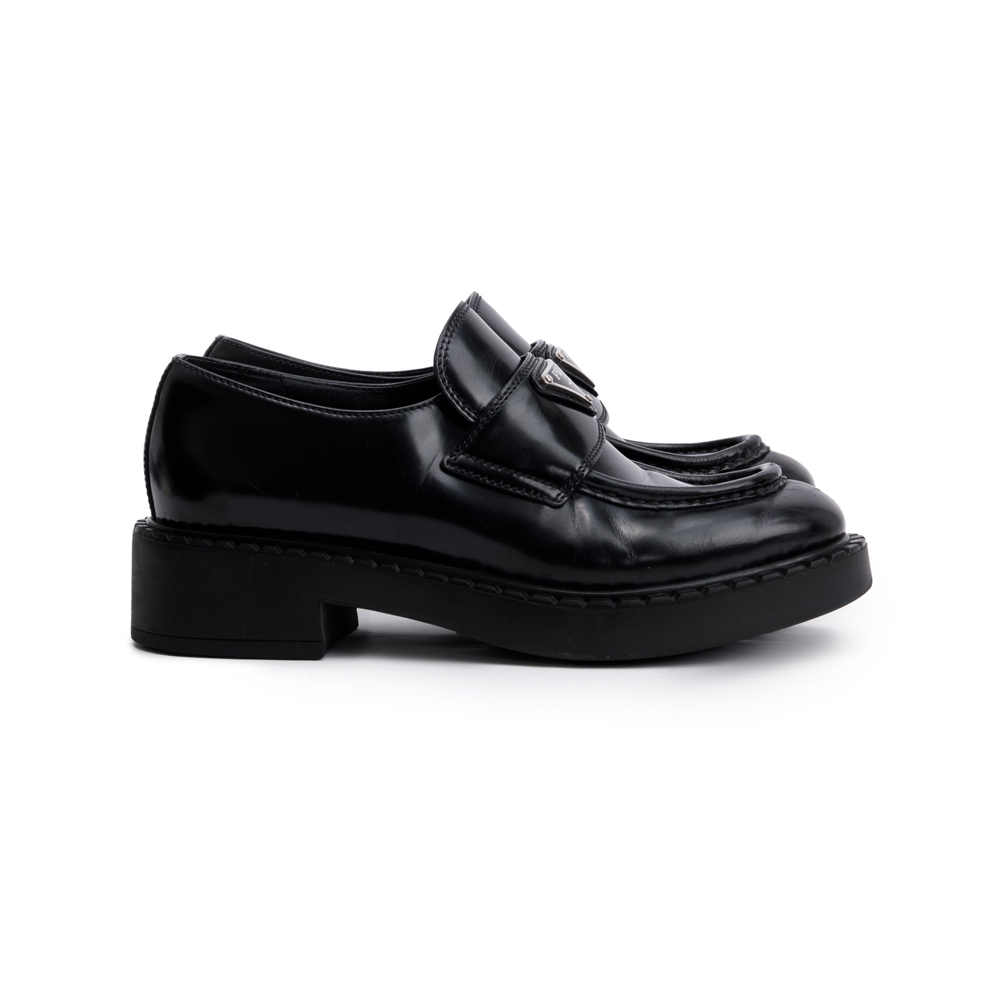 Prada Black Leather Signature Logo Loafers, Size 35