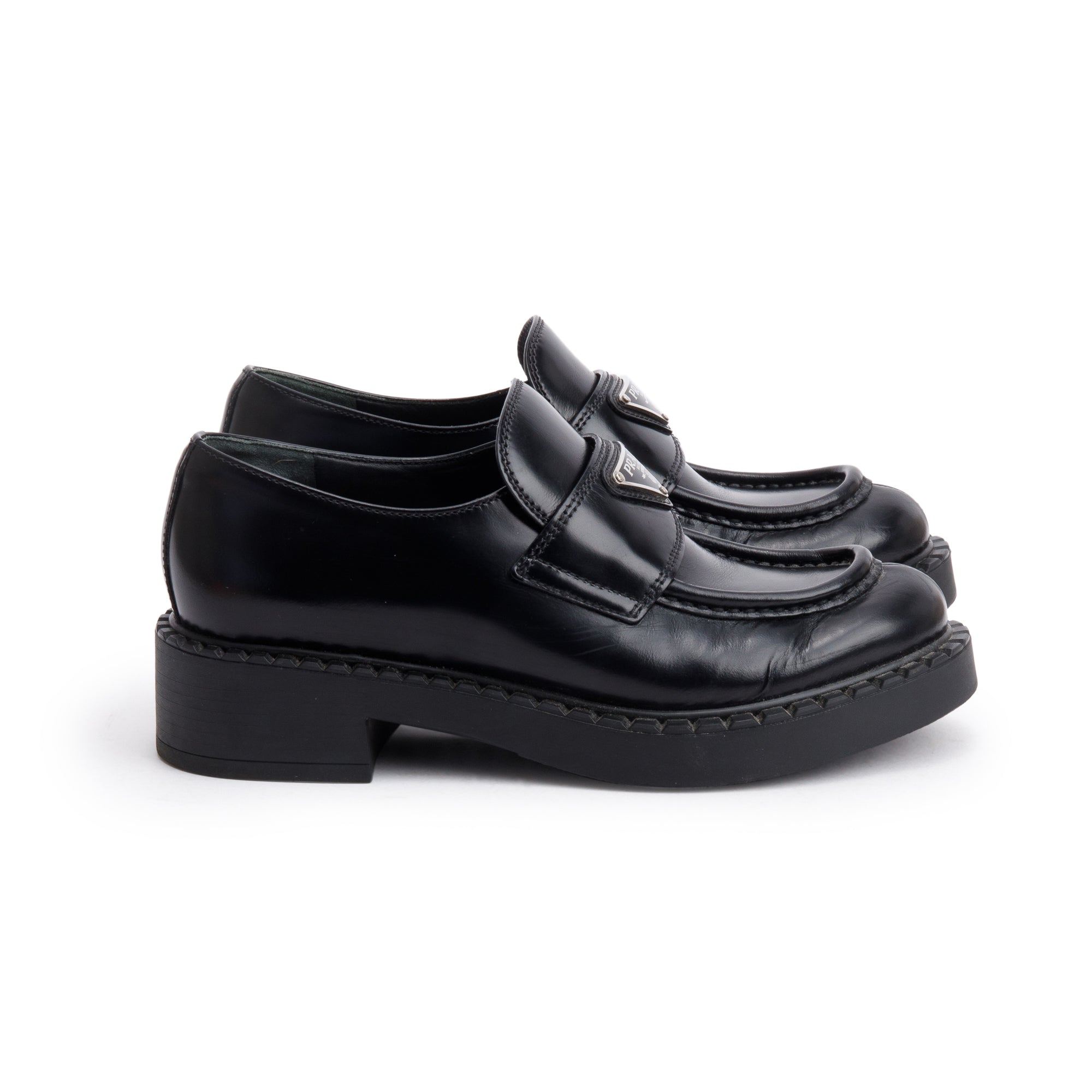 Prada Black Leather Signature Logo Loafers, Size 35 w/ Box