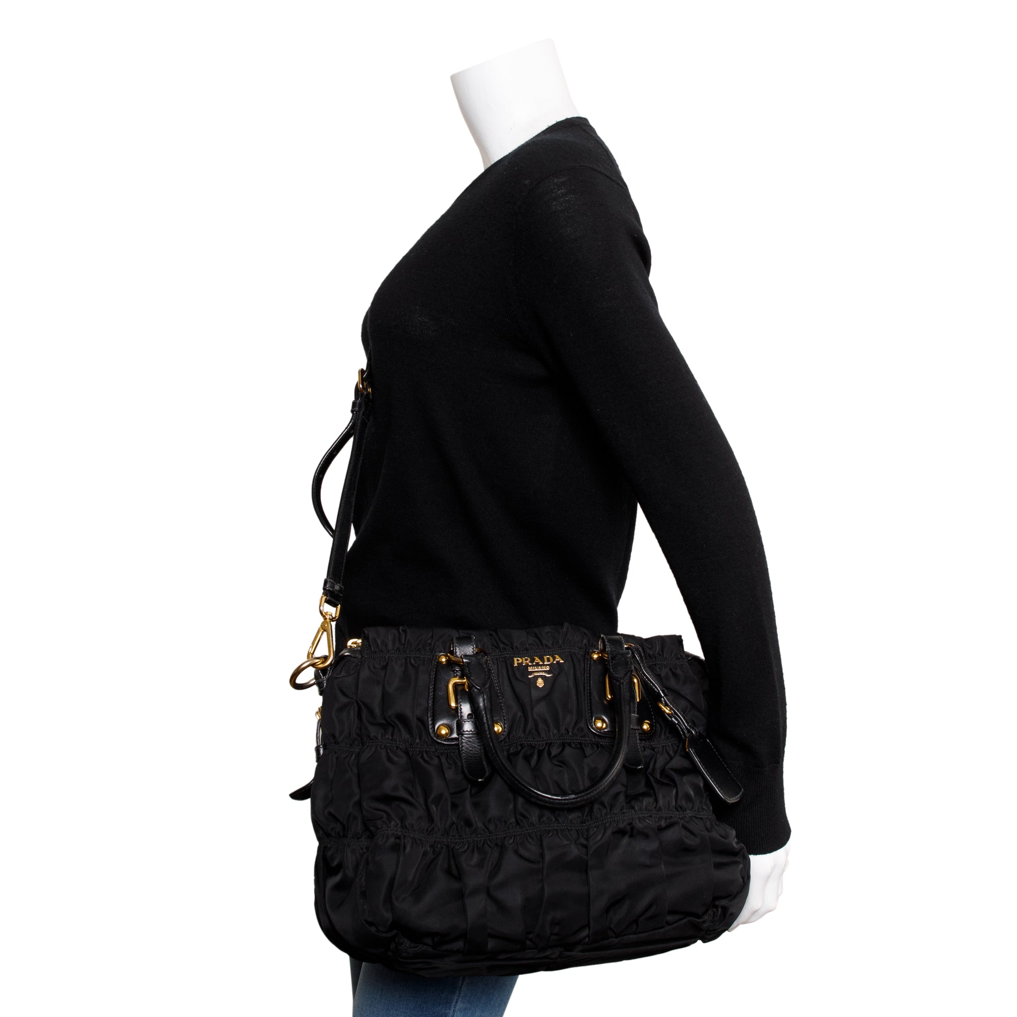 Prada Black Leather-Trimmed Tessuto Gaufre Tote w/ Authenticity Card