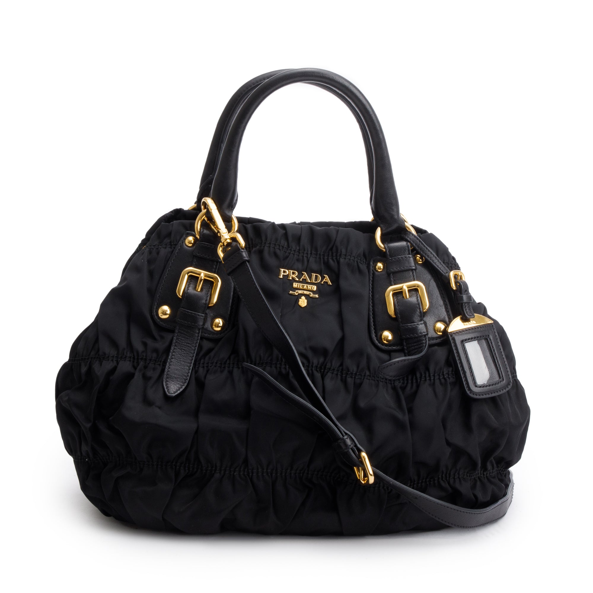 Prada Black Leather-Trimmed Tessuto Gaufre Tote w/ Strap