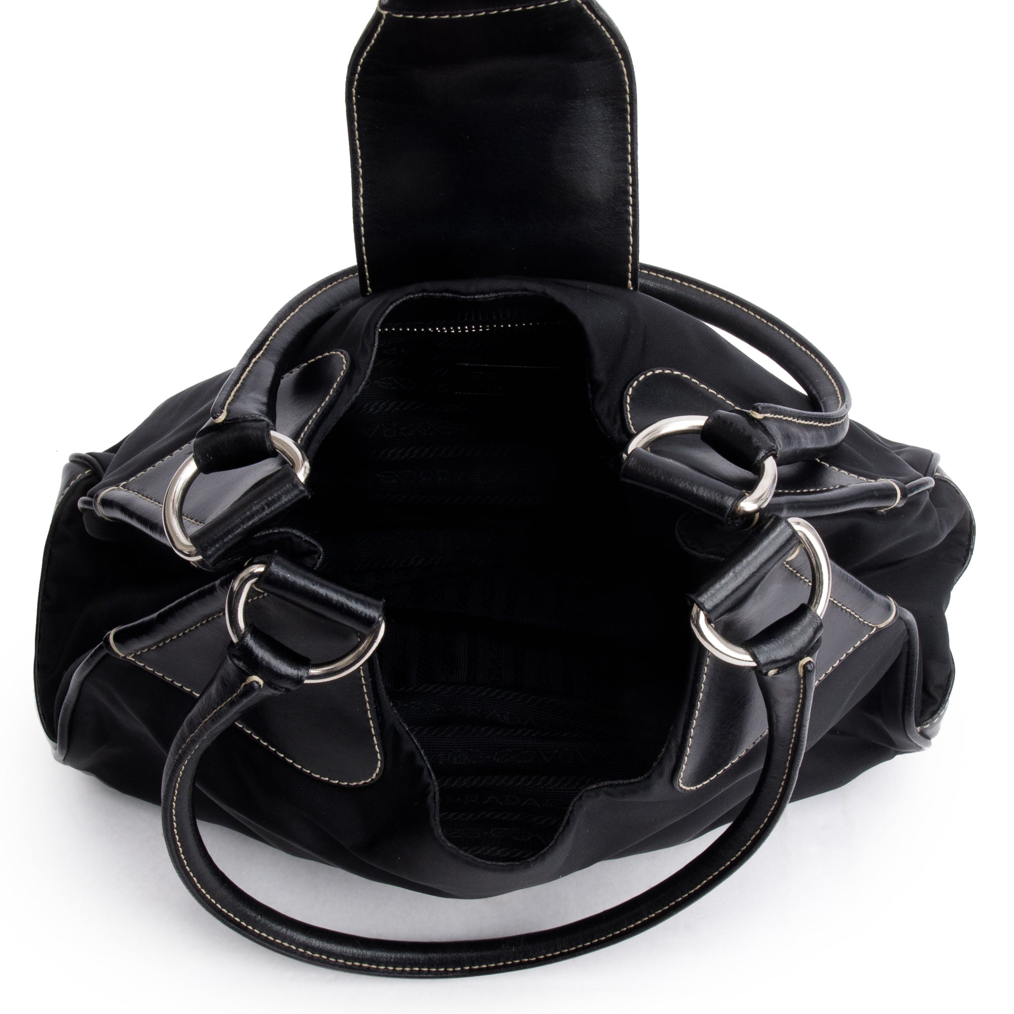 Prada Black Leather-Trimmed Tessuto Nylon Moon Bag