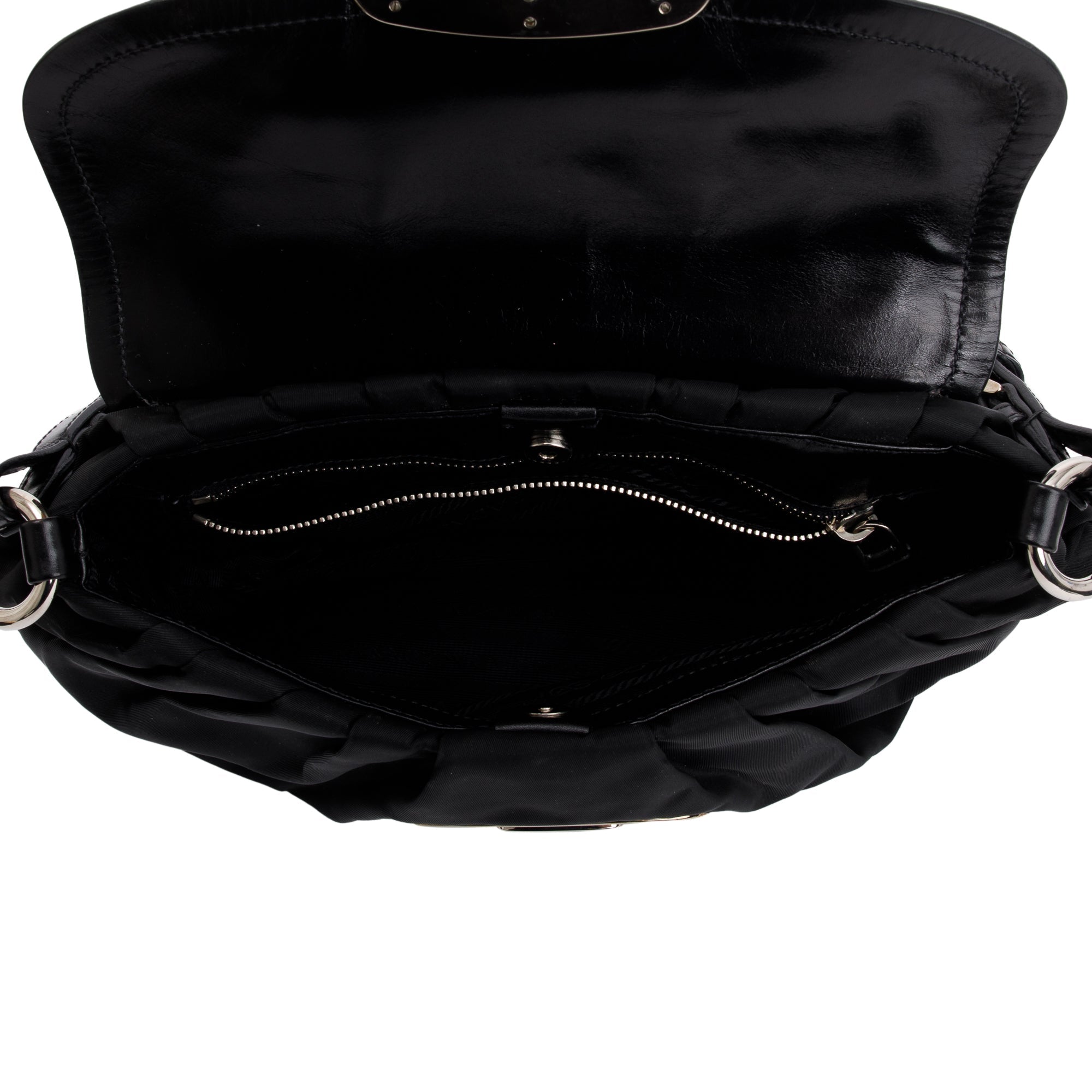 Prada Black Leather-Trimmed Tessuto Nylon Pushlock Flap Hobo Bag