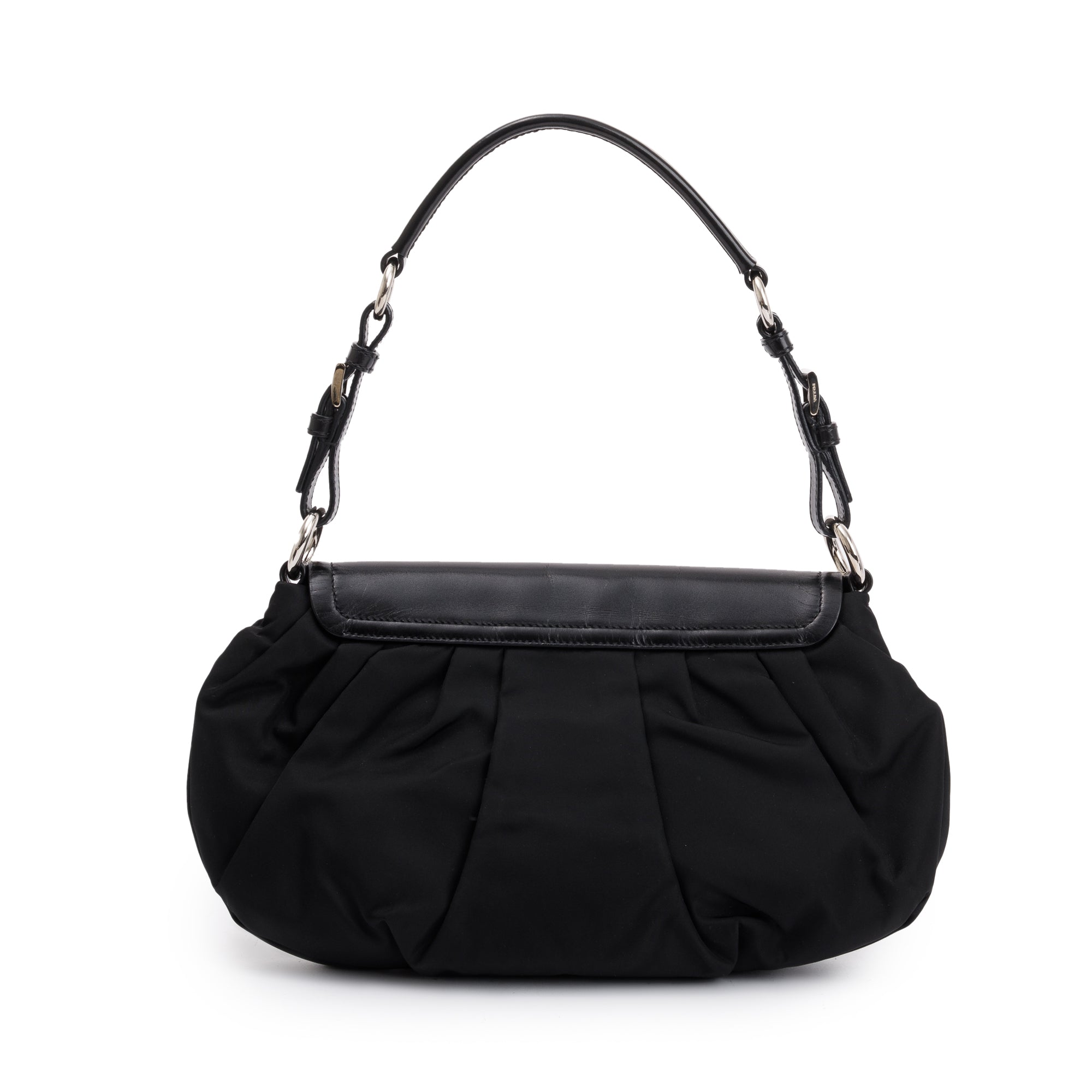 Prada Black Leather-Trimmed Tessuto Nylon Pushlock Flap Hobo Bag