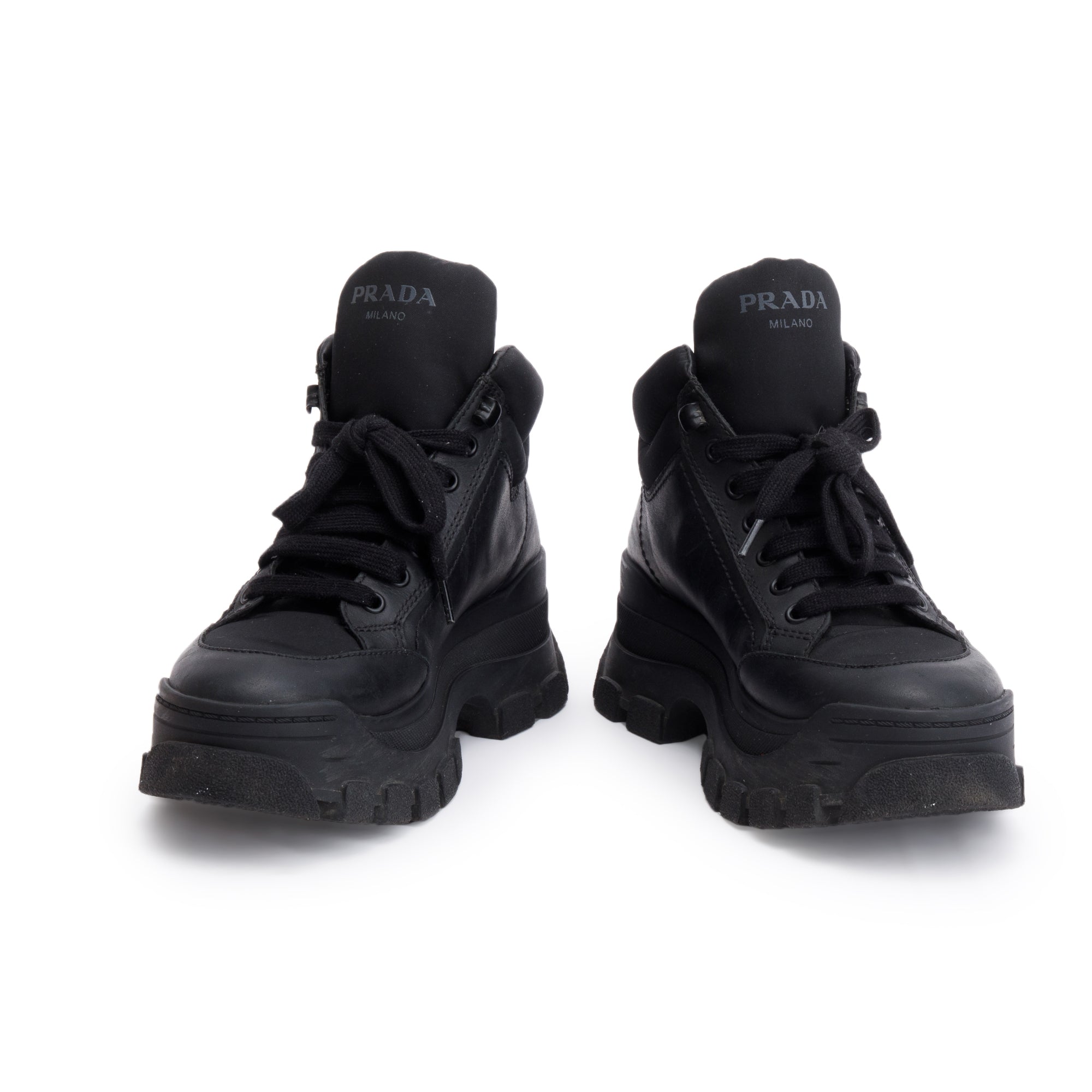 Prada Black Leather and Re-Nylon Combat Boots, Size 37.5