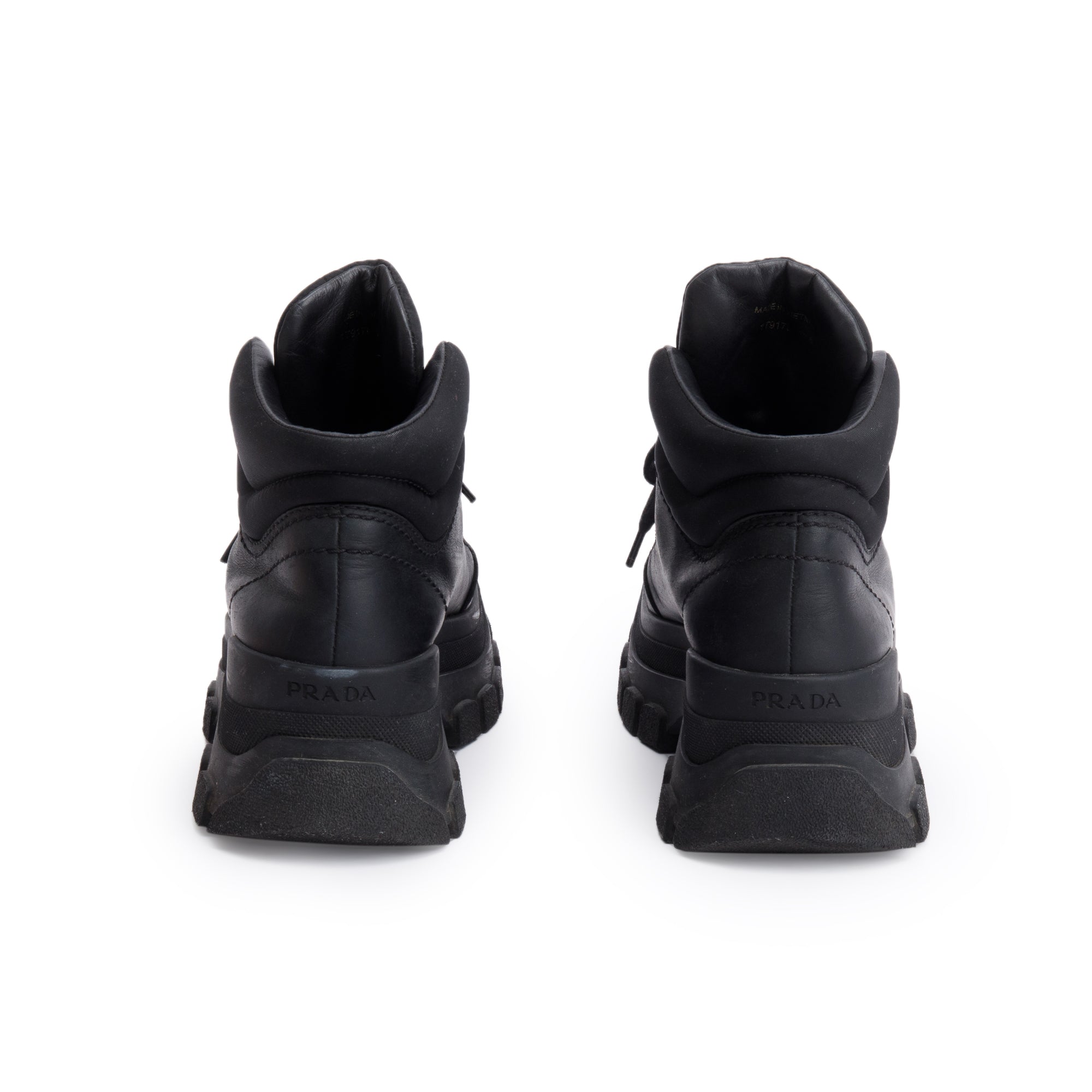 Prada Black Leather and Re-Nylon Combat Boots, Size 37.5