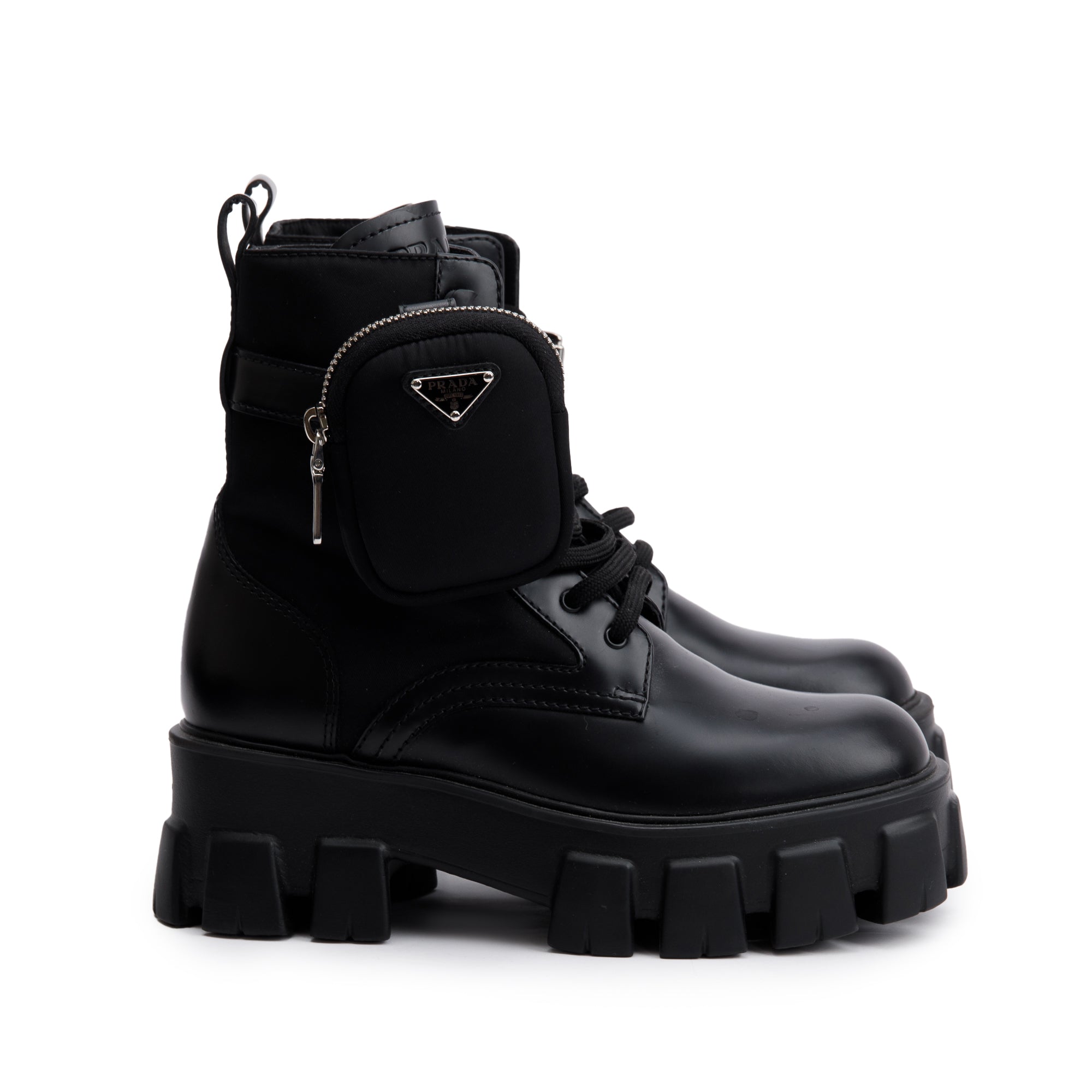 Prada Black Monolith Leather and Re-Nylon Boots with Pouch, Size 36