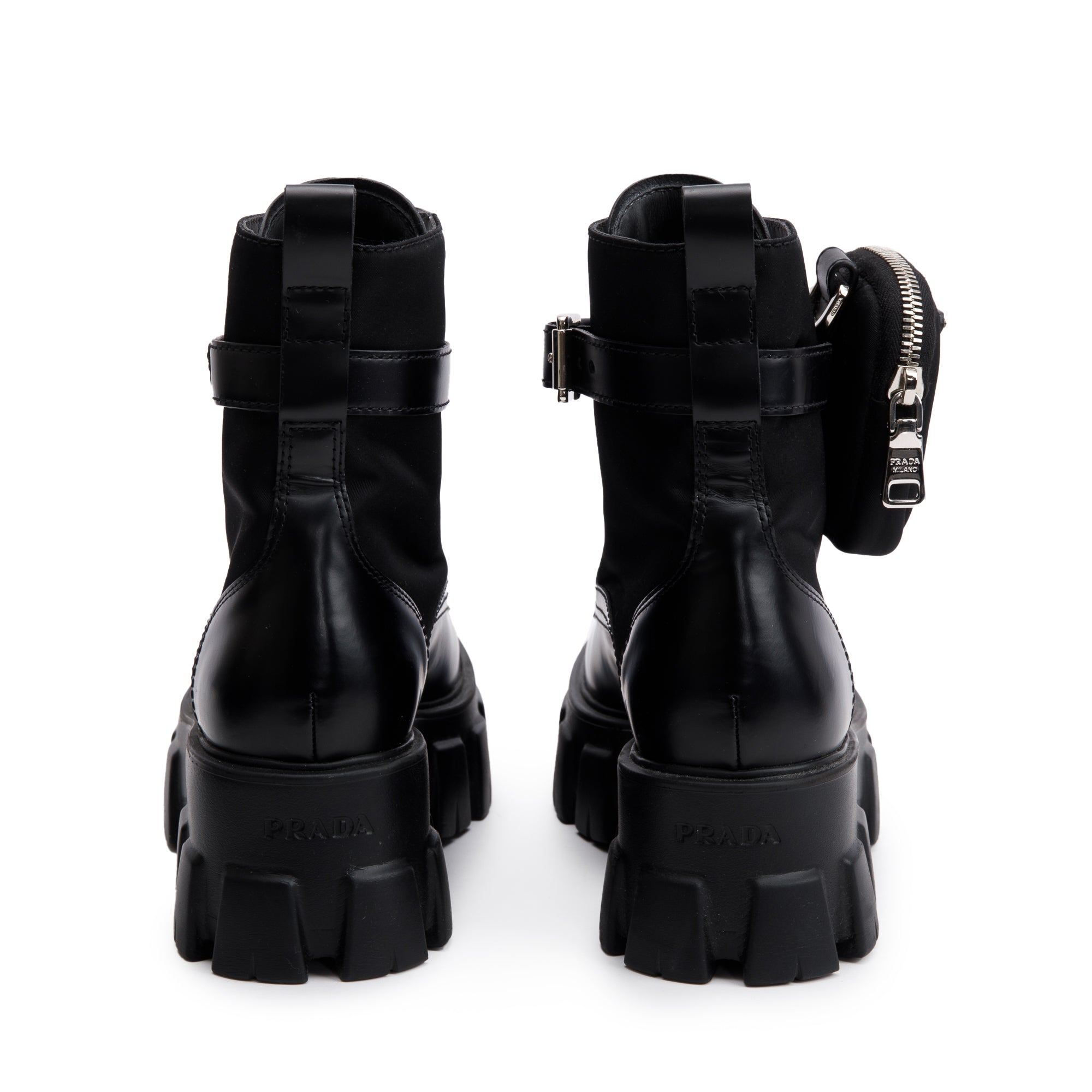 Prada Black Monolith Leather and Re-Nylon Boots with Pouch, Size 36
