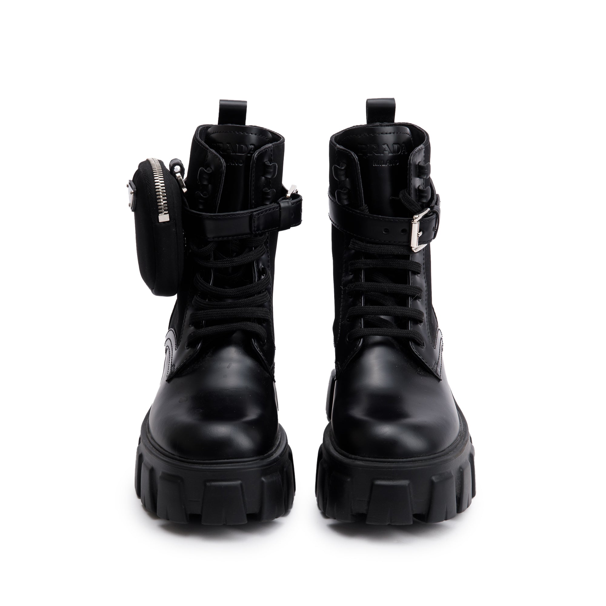 Prada Black Monolith Leather and Re-Nylon Boots with Pouch, Size 36