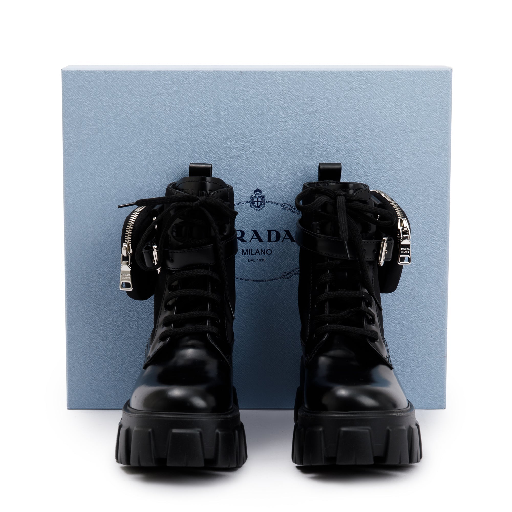 Prada Black Monolith Leather and Re-Nylon Boots with Pouch, Size 38 w/ Box