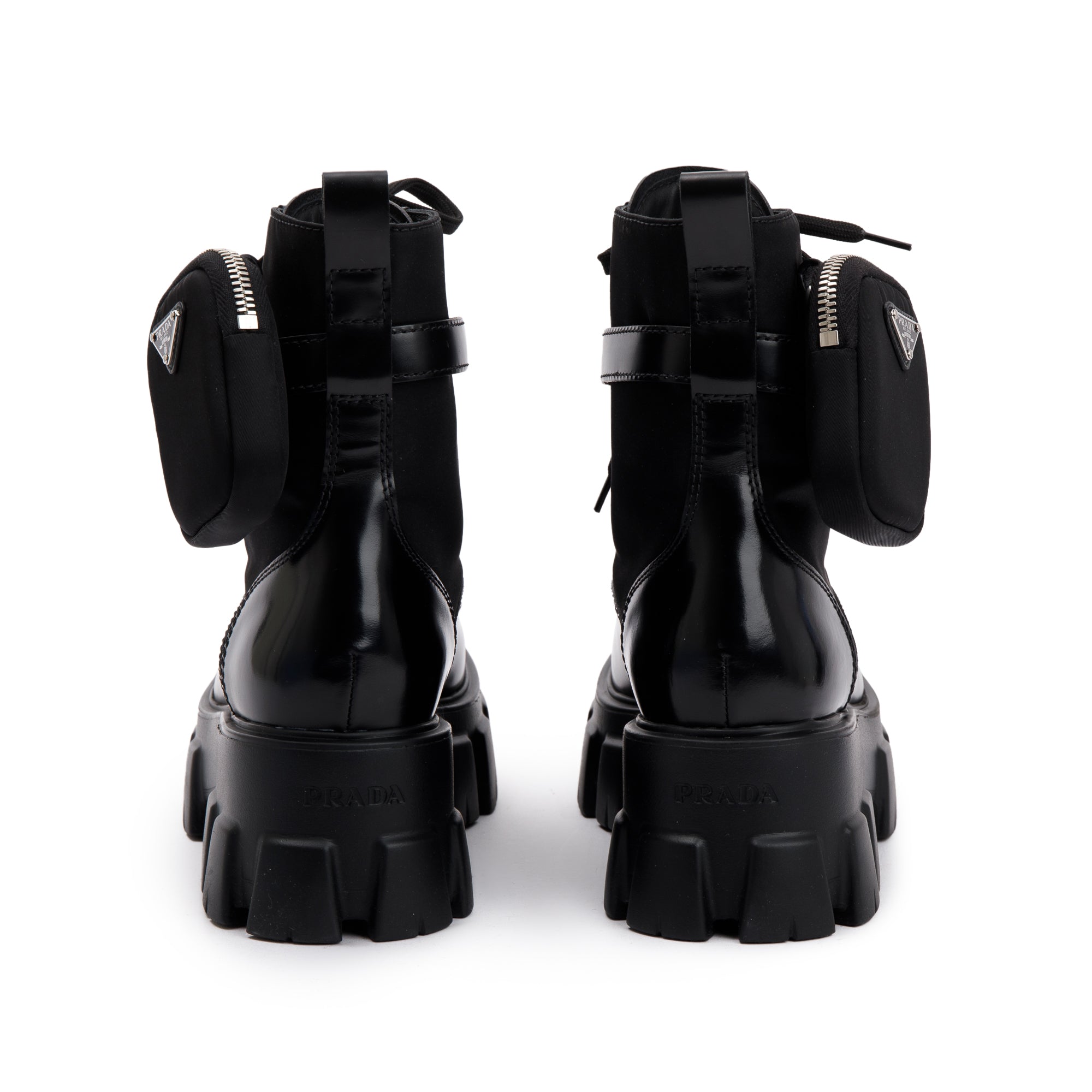 Prada Black Monolith Leather and Re-Nylon Boots with Pouch, Size 38 w/ Box