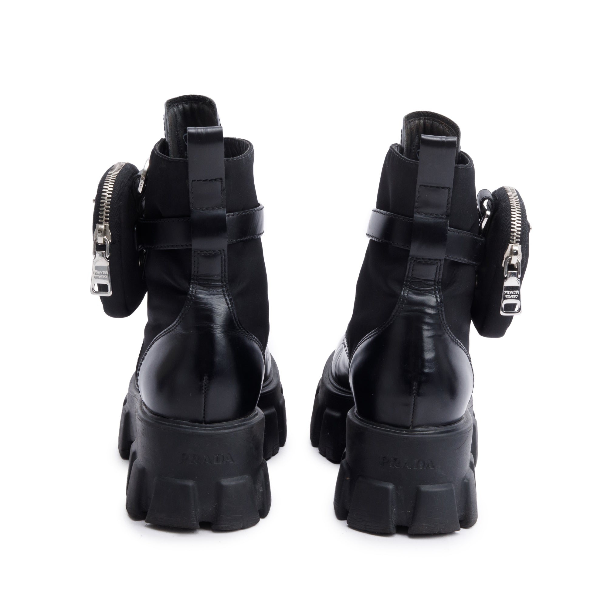 Prada Black Monolith Leather and Re-Nylon Boots with Pouch, Size 38.5