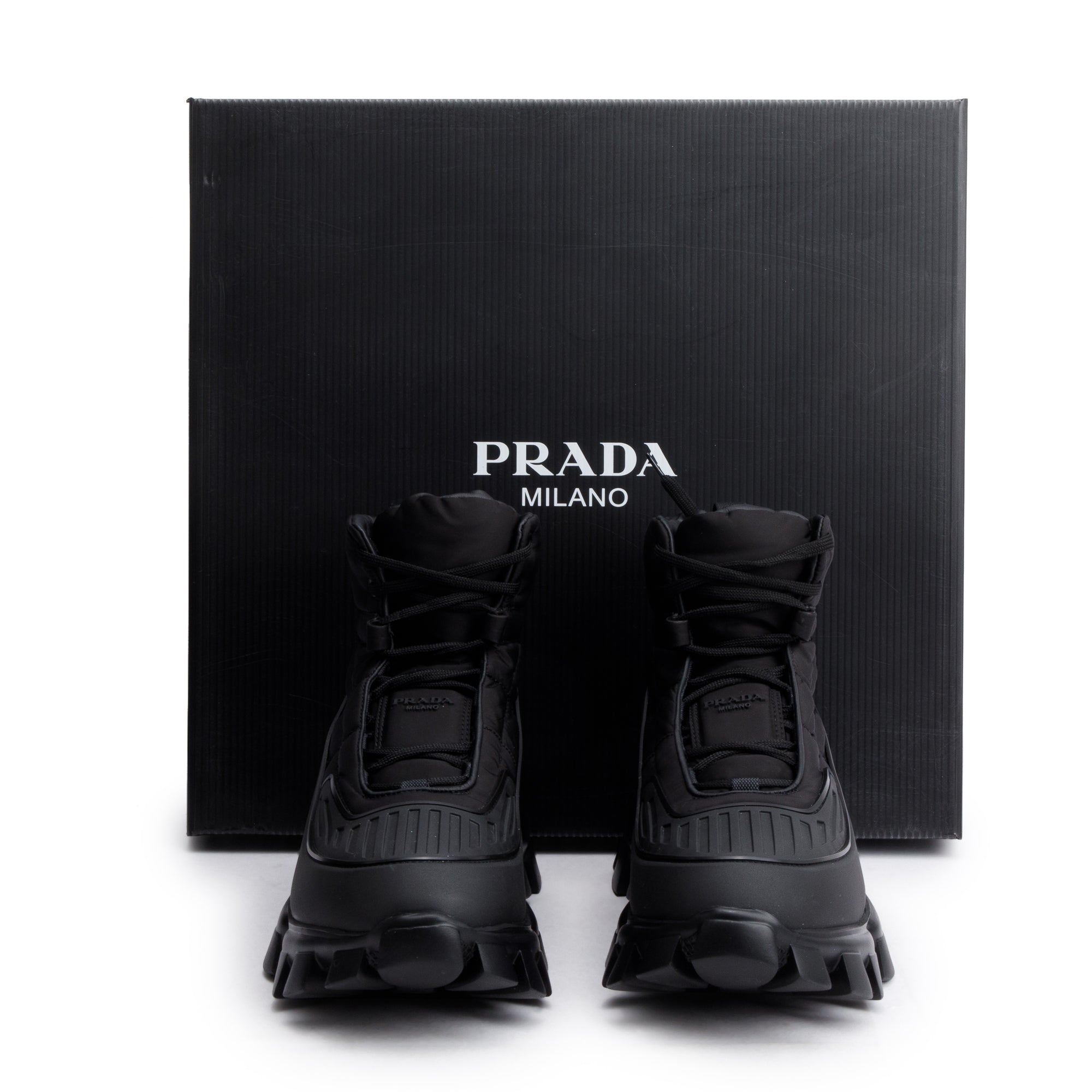 Prada Black Nylon/ Rubber Cloudbust Thunder Lug-Sole Combat Boots, Size 6.5 w/ Box
