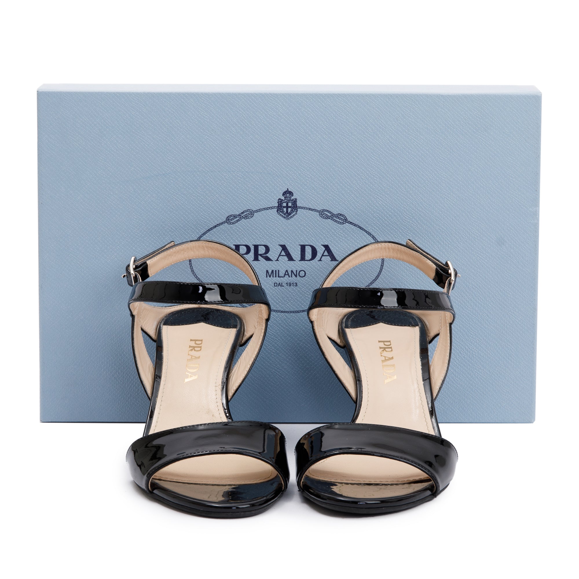 Prada Black Patent Leather Calzature Donna Wedge Sandals, Size 37 w/ Box