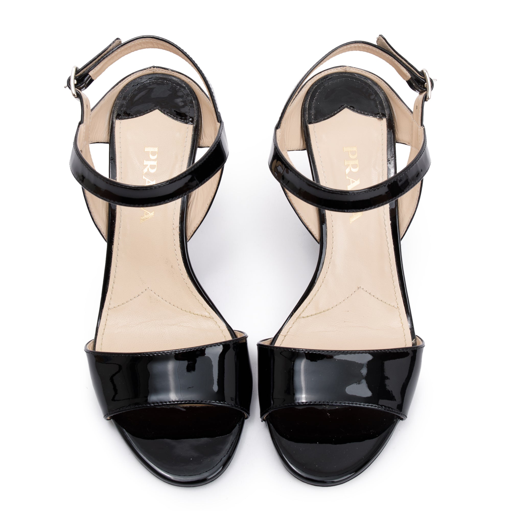 Prada Black Patent Leather Calzature Donna Wedge Sandals, Size 37 w/ Box