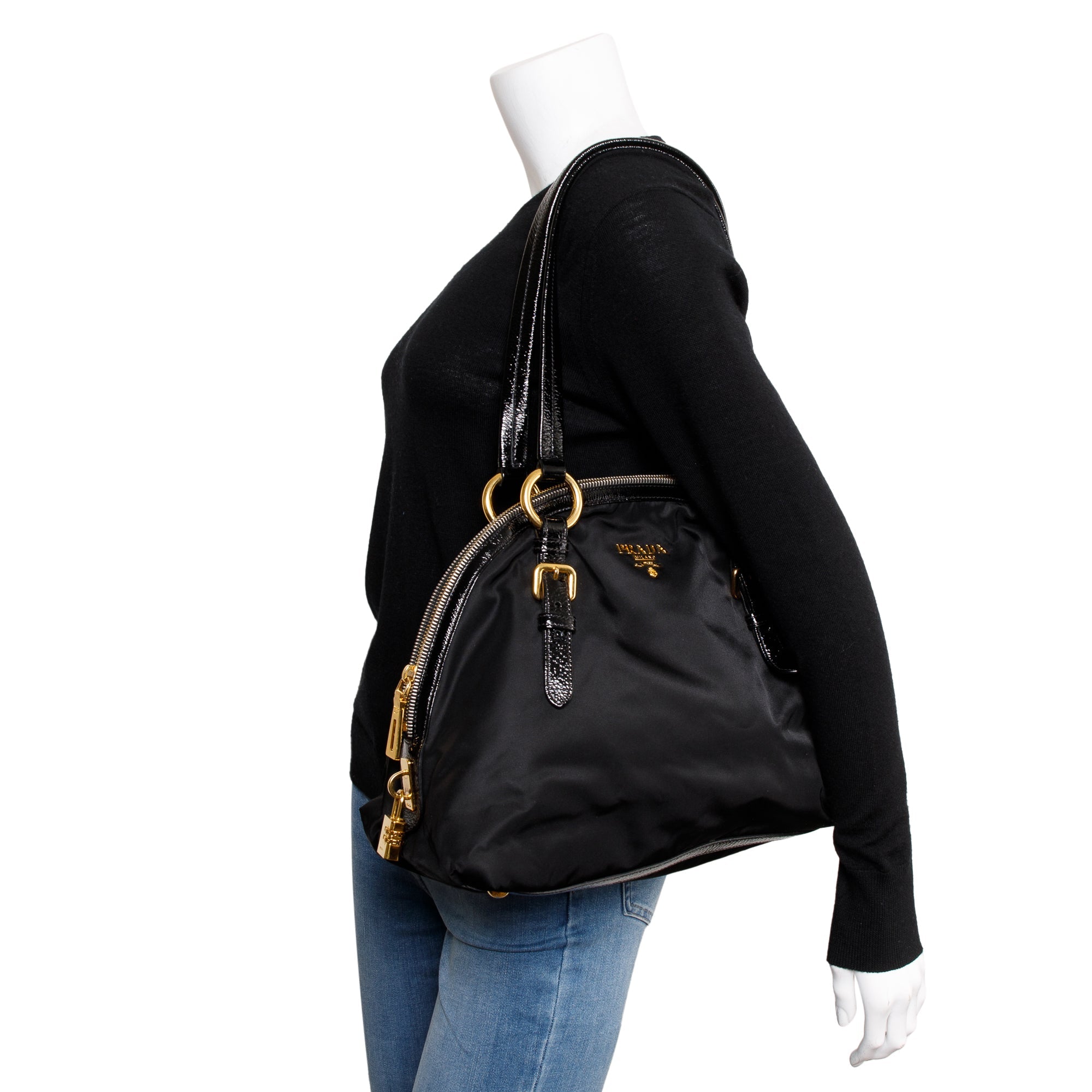 Prada Black Patent Leather-Trimmed Tessuto Nylon Dome Tote