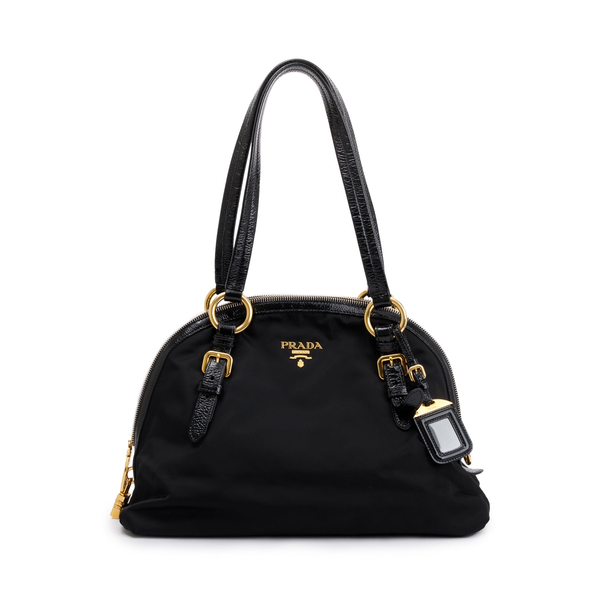 Prada Black Patent Leather-Trimmed Tessuto Nylon Dome Tote