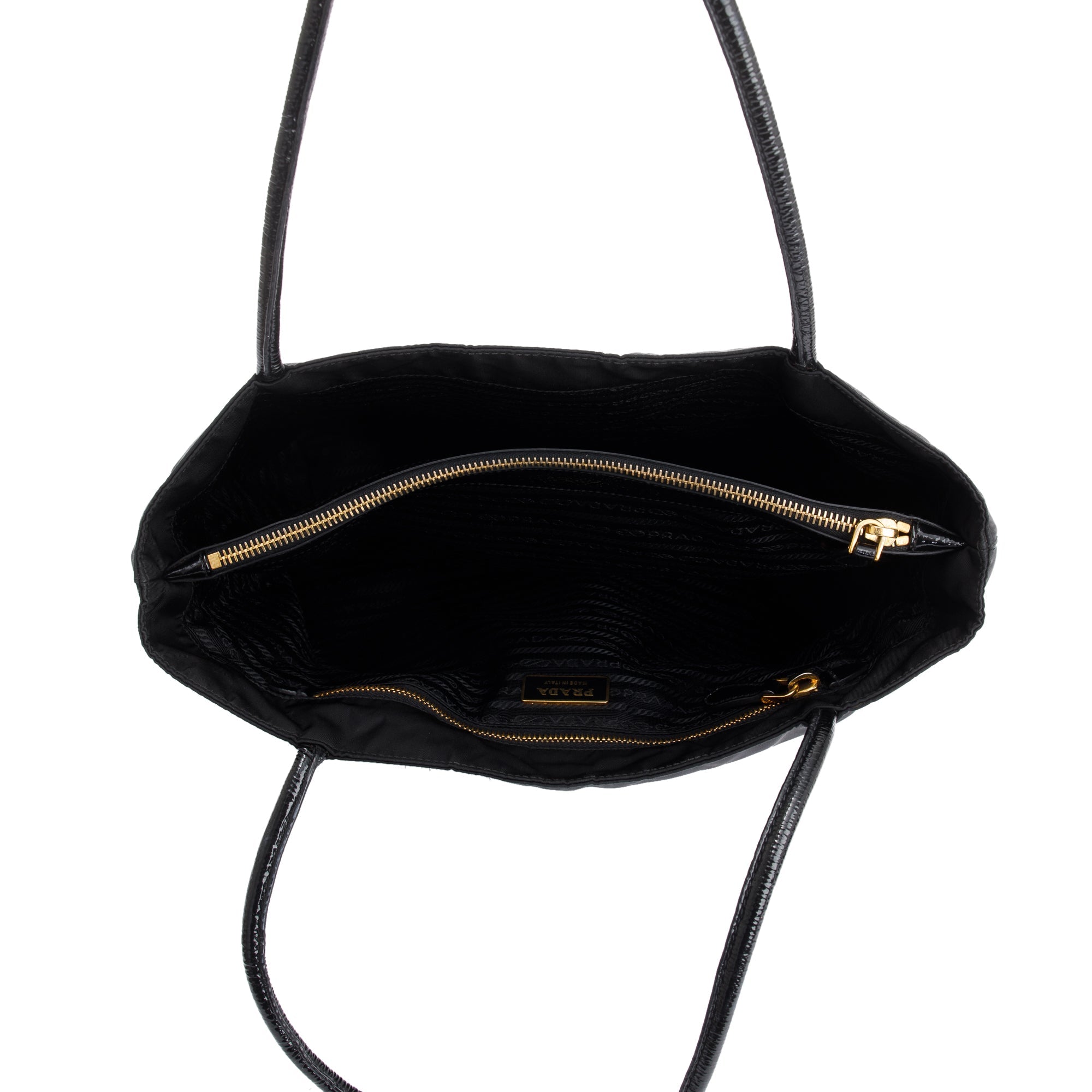 Prada Black Patent Leather Trimmed Tessuto Nylon Tote