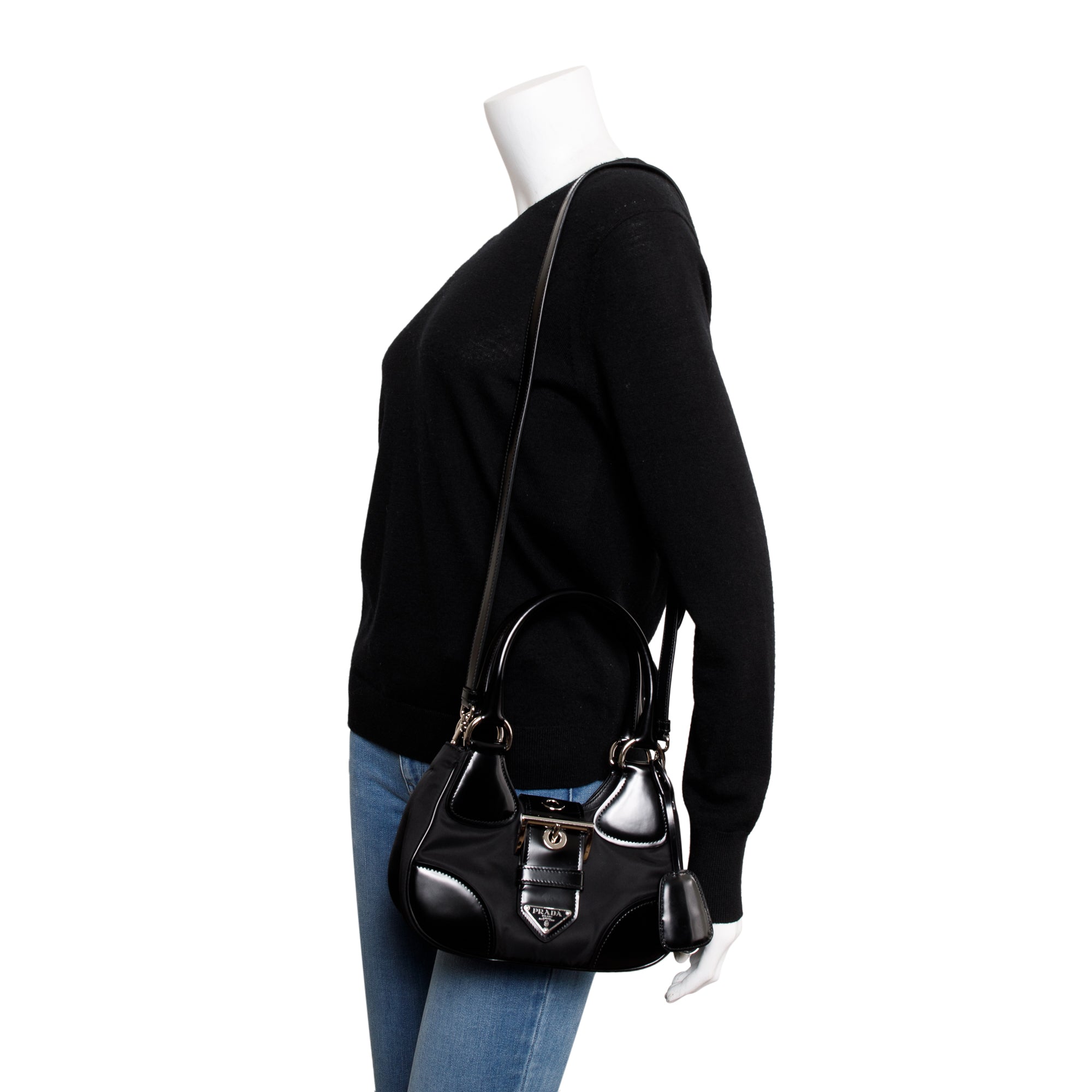 Prada Black Re-Nylon and Leather Moon Bag