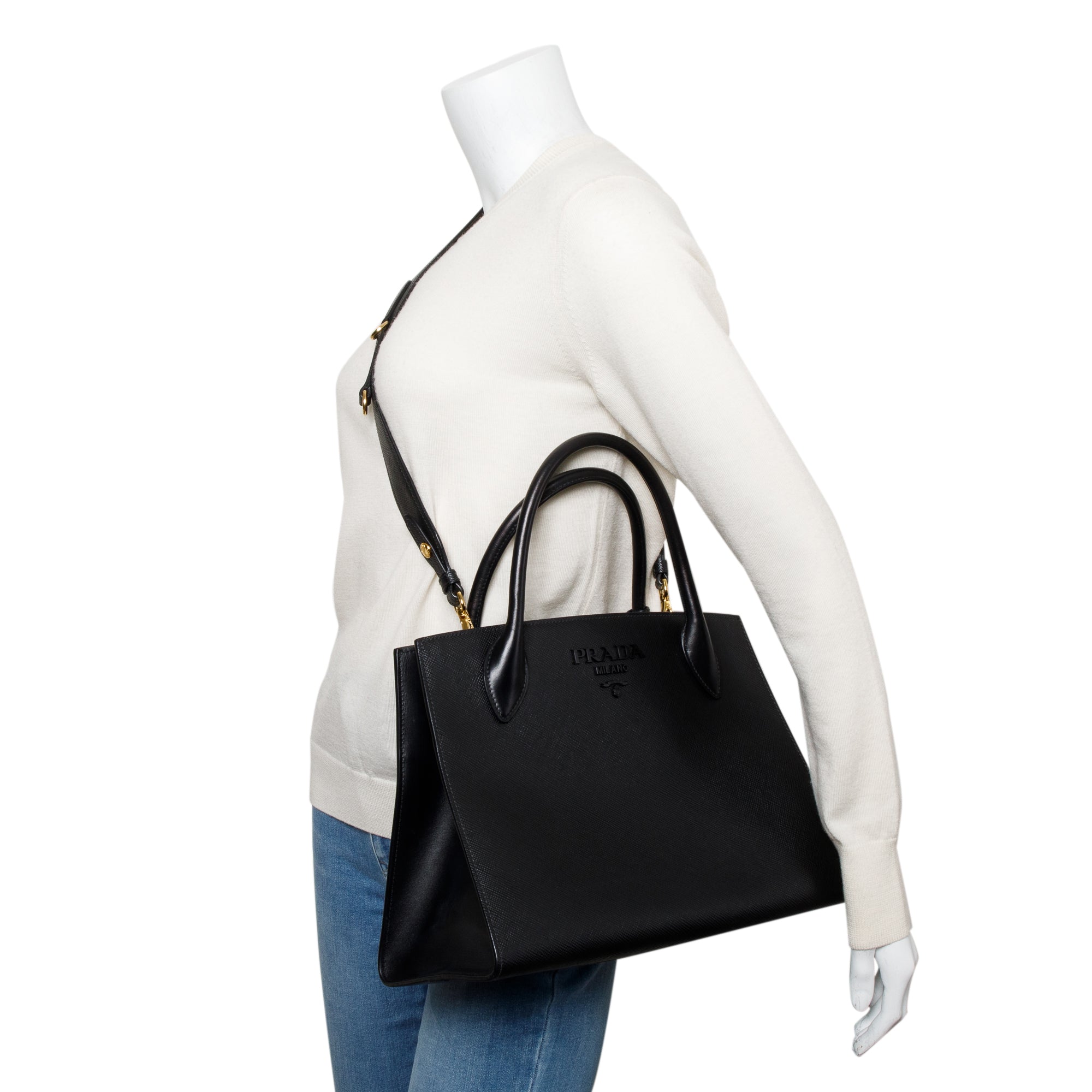 Prada Black Saffiano Cuir Medium Monochrome Top Handle Tote w/ Strap & Authenticity Card