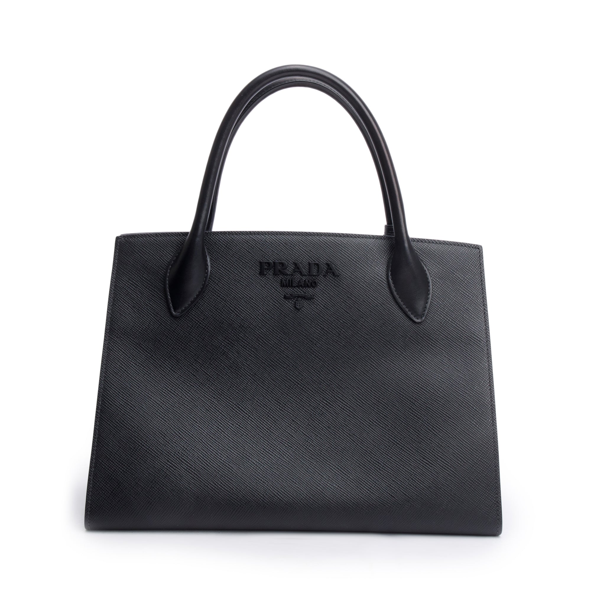 Prada Black Saffiano Cuir Medium Monochrome Top Handle Tote w/ Strap & Authenticity Card
