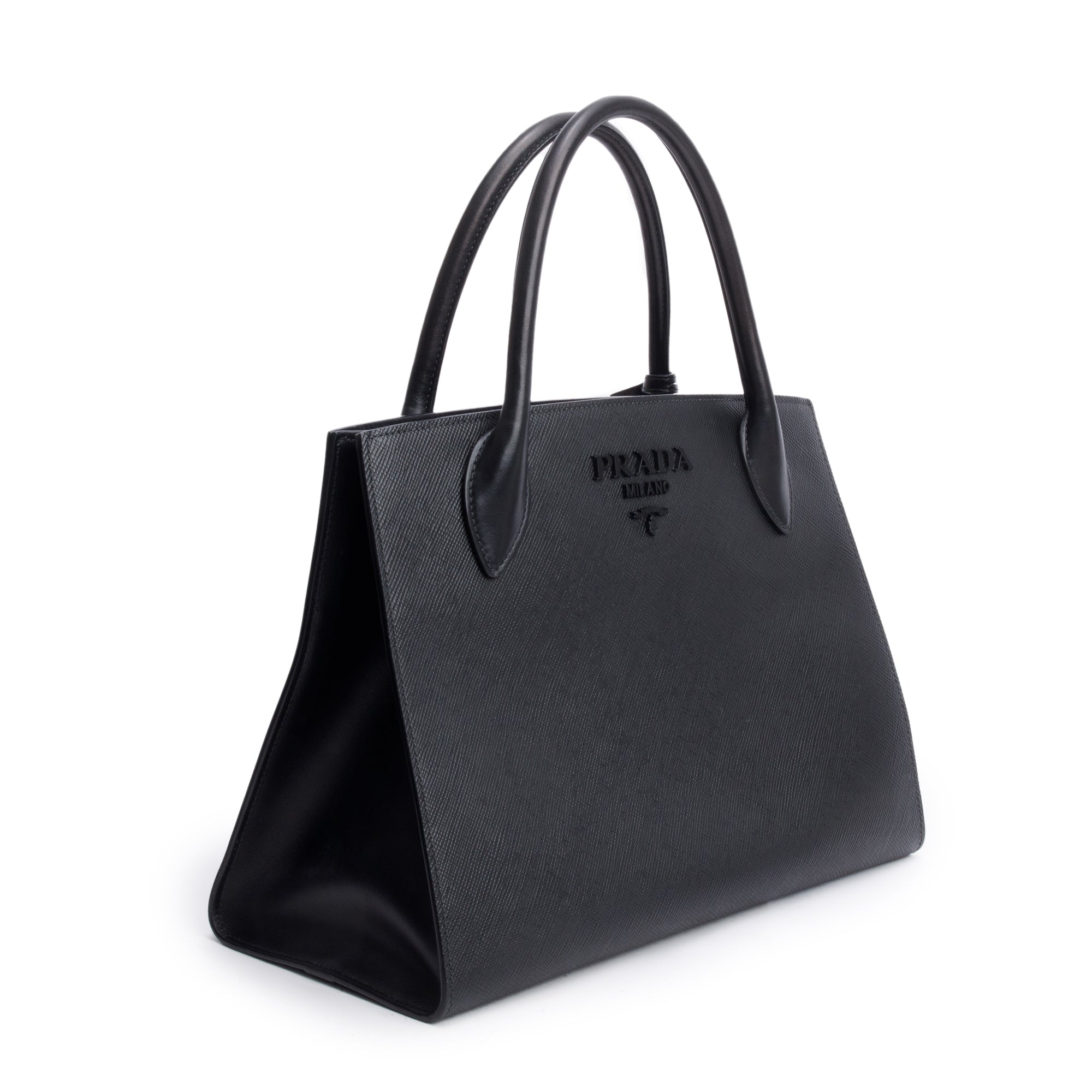 Prada Black Saffiano Cuir Medium Monochrome Top Handle Tote w/ Strap & Authenticity Card