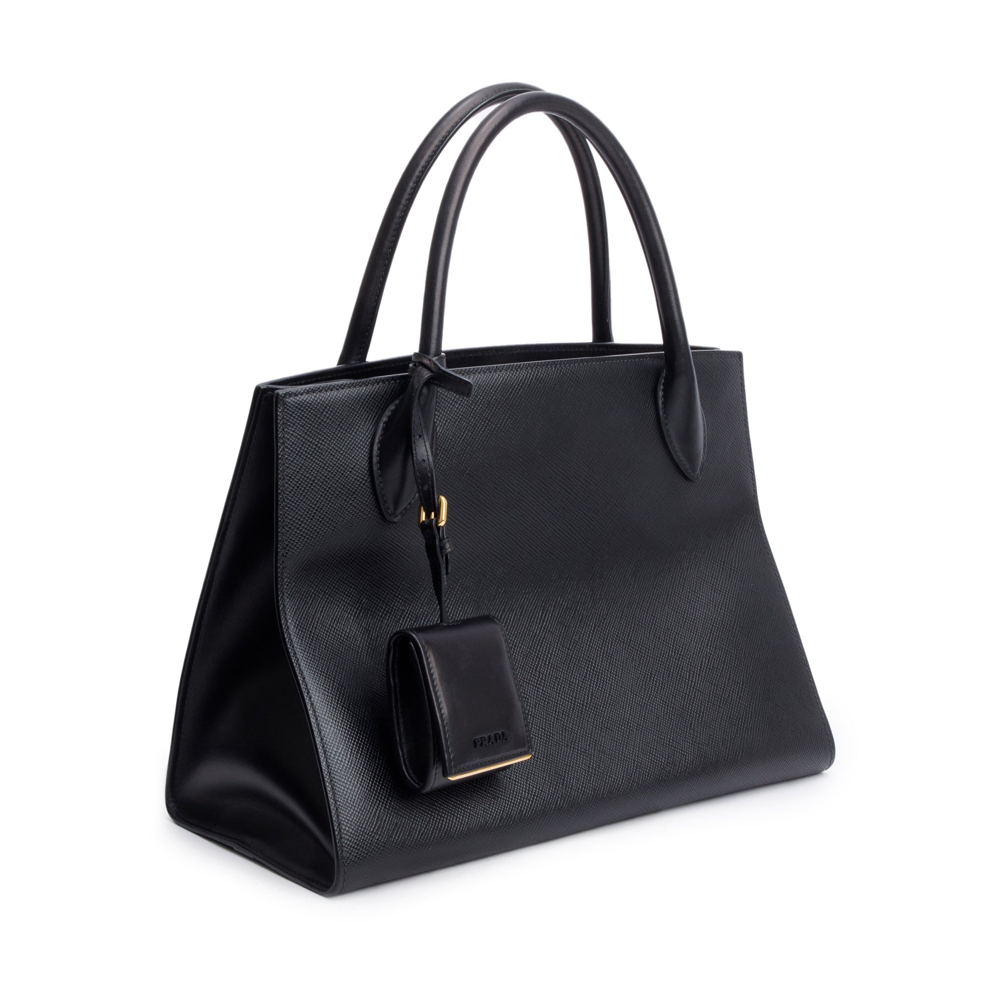 Prada Black Saffiano Cuir Medium Monochrome Top Handle Tote w/ Strap & Authenticity Card