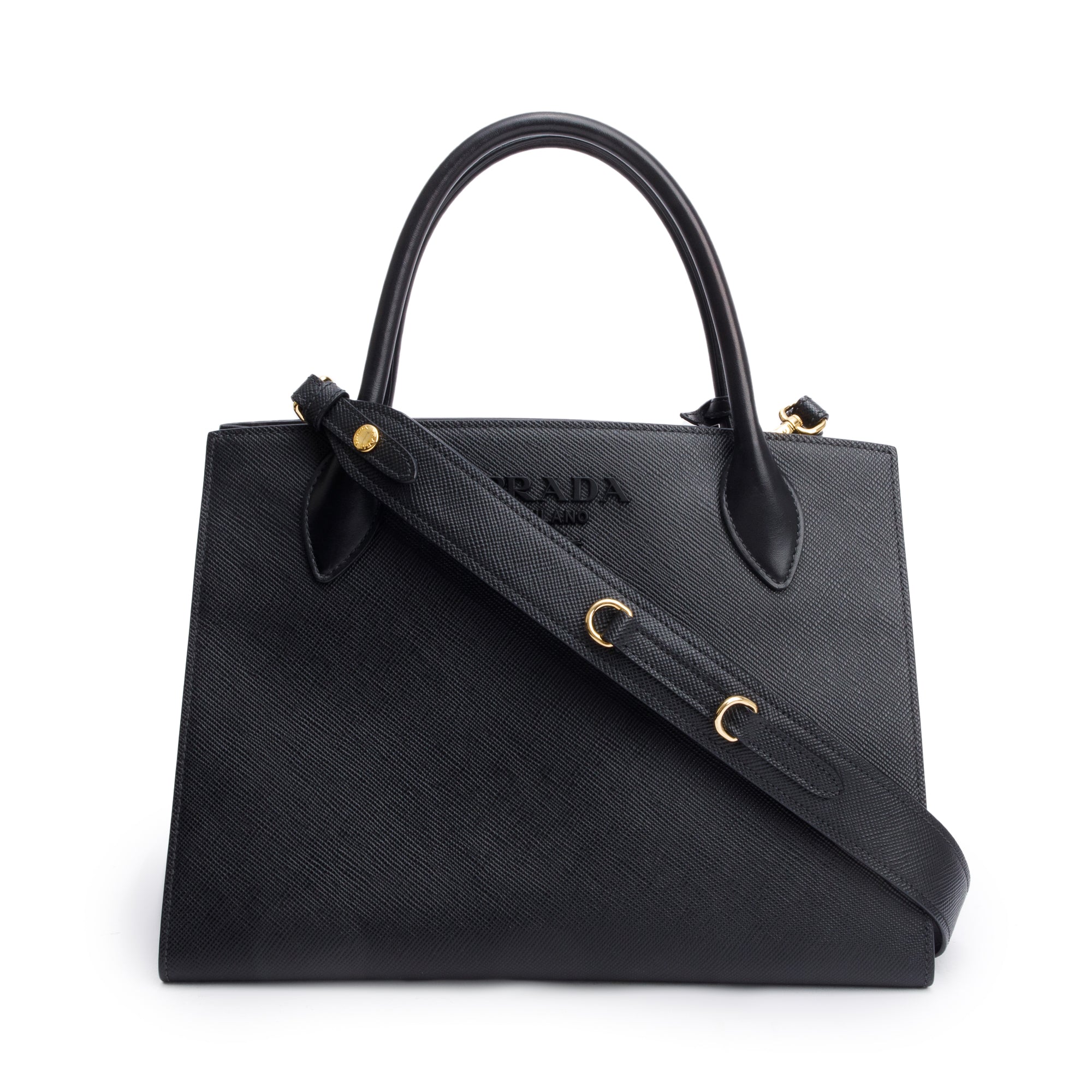 Prada Black Saffiano Cuir Medium Monochrome Top Handle Tote w/ Strap & Authenticity Card