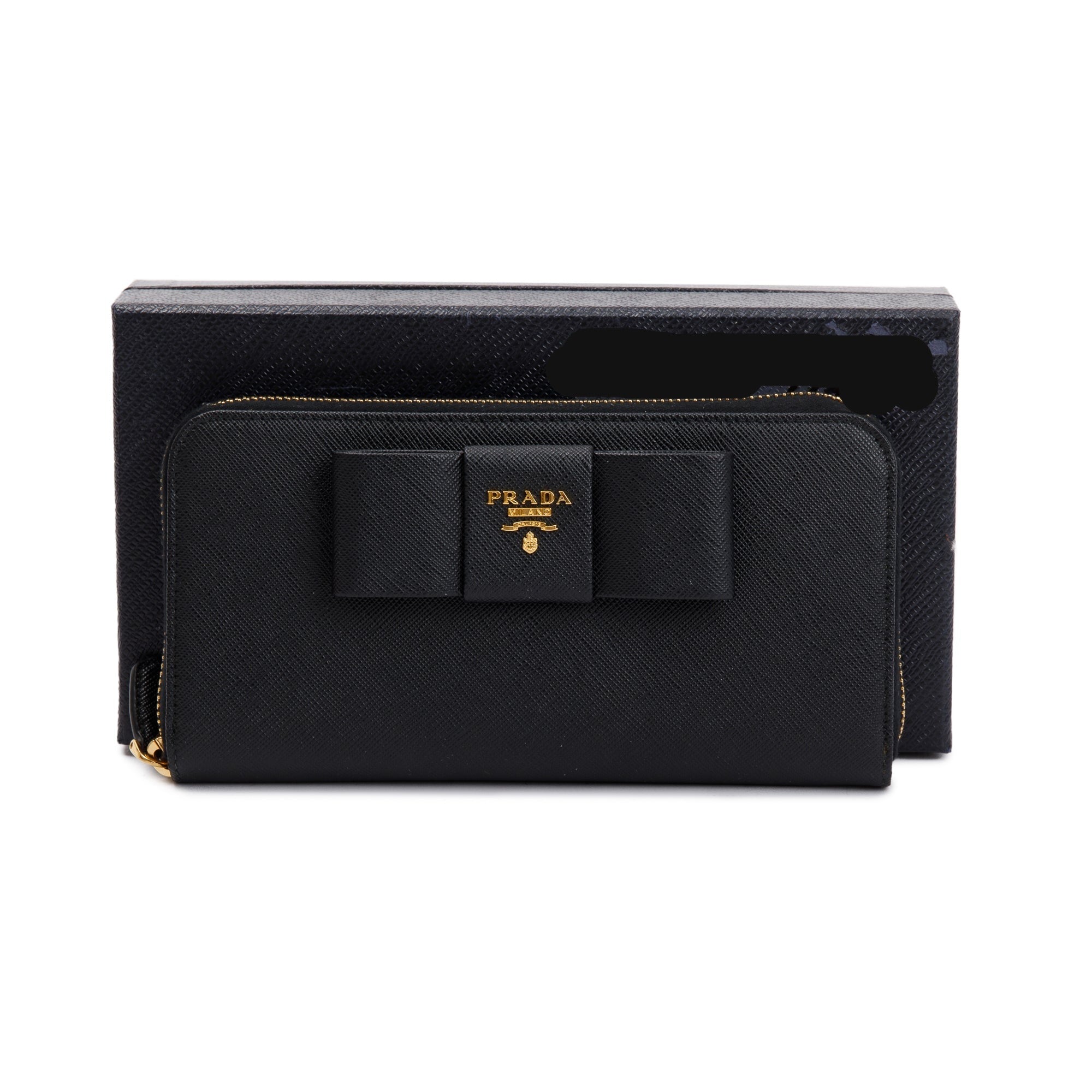 Prada Black Saffiano Leather Bow Zip Around Wallet w/ Box & Authenticity Card