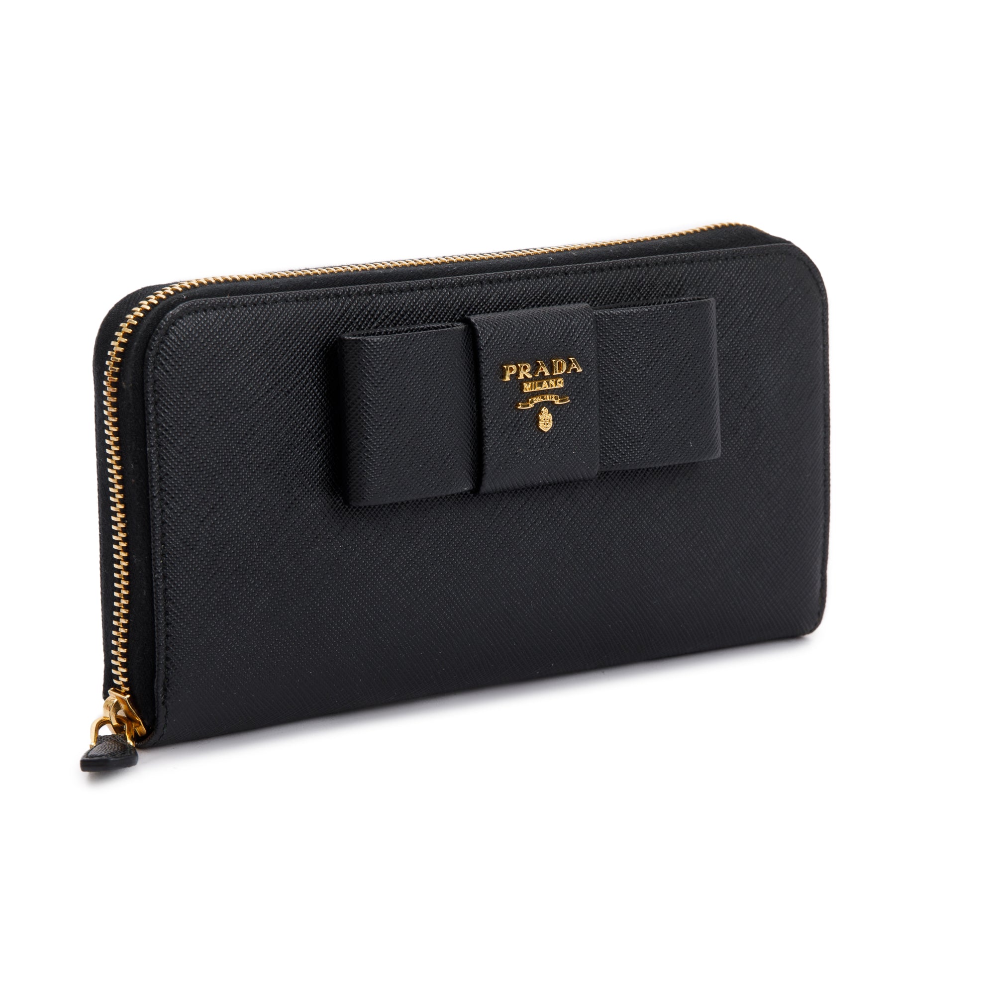 Prada Black Saffiano Leather Bow Zip Around Wallet w/ Box & Authenticity Card