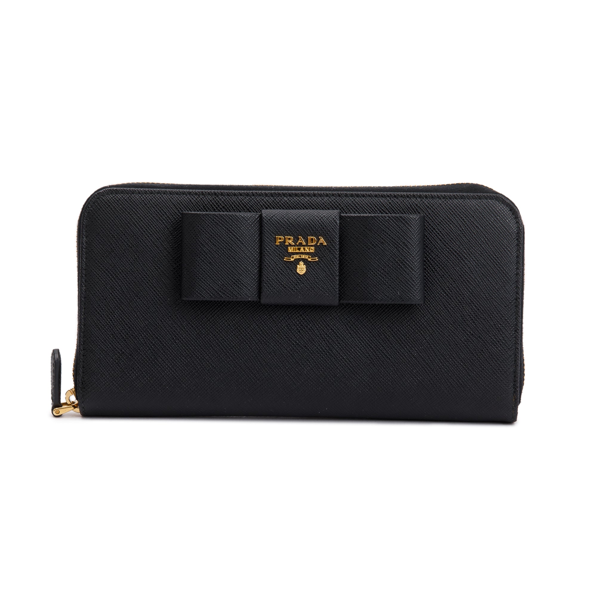Prada Black Saffiano Leather Bow Zip Around Wallet w/ Box & Authenticity Card