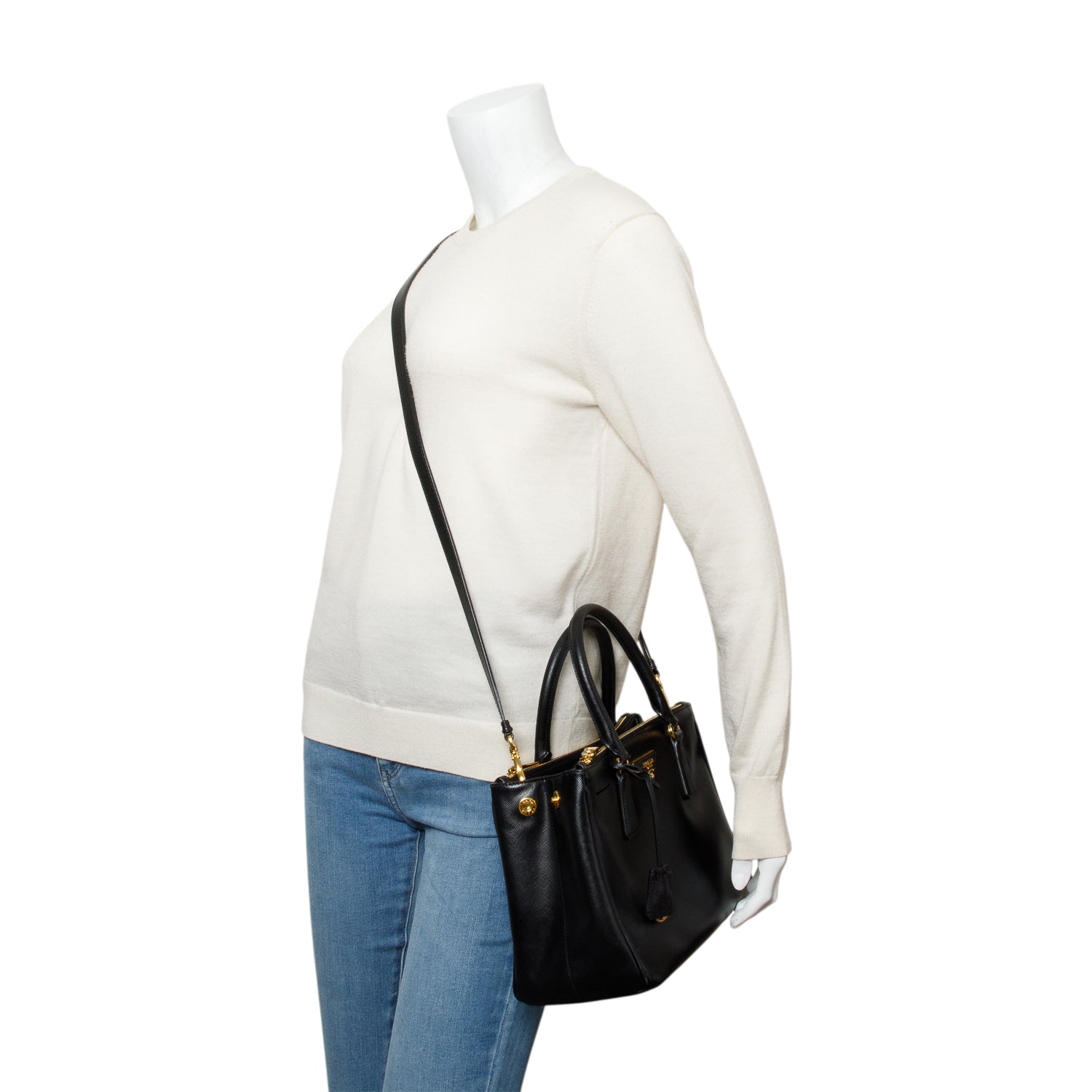 Prada Black Saffiano Leather Small Double Zip Galleria Tote w/ Strap