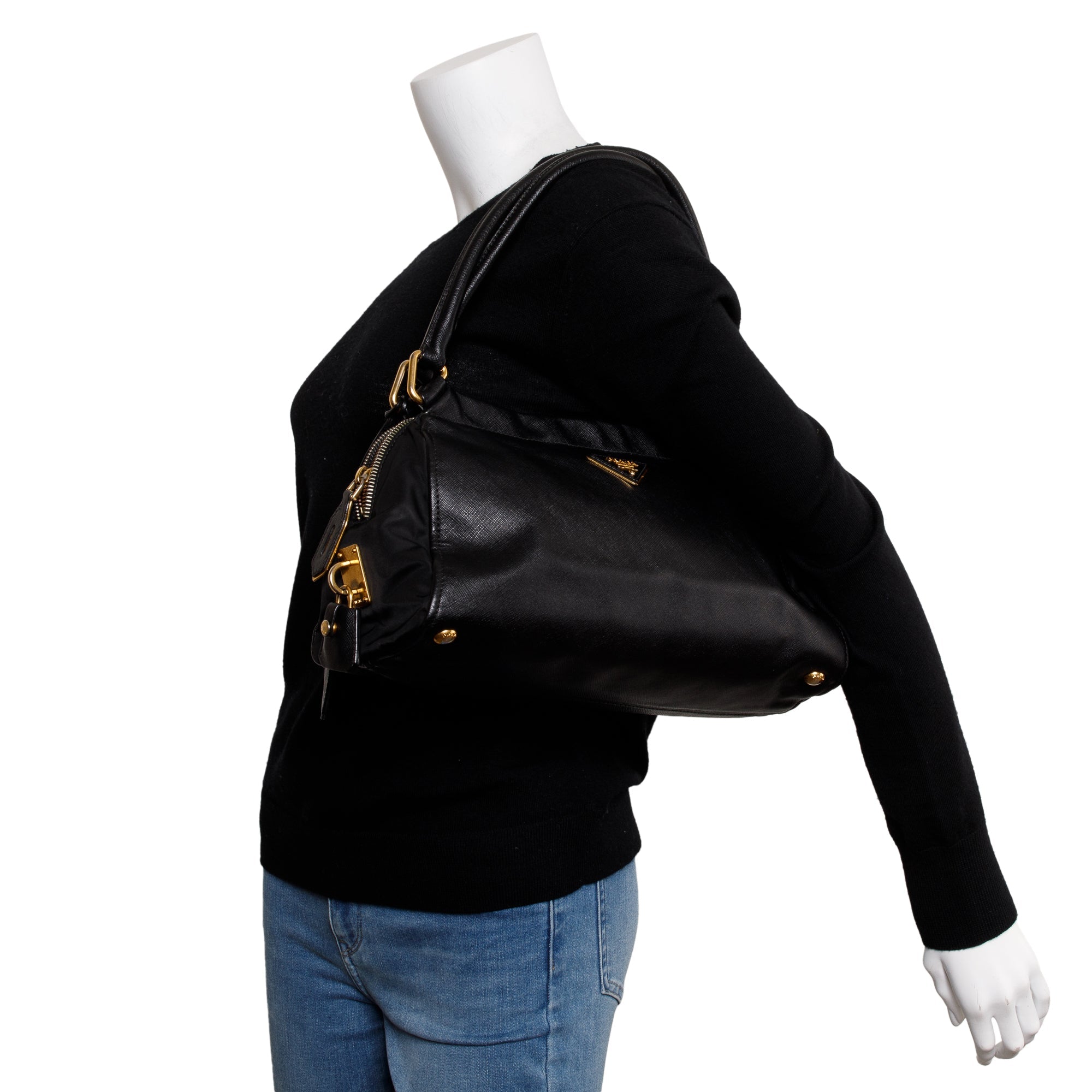 Prada Black Saffiano Leather & Tessuto Vernice Bauletto Frame Bag