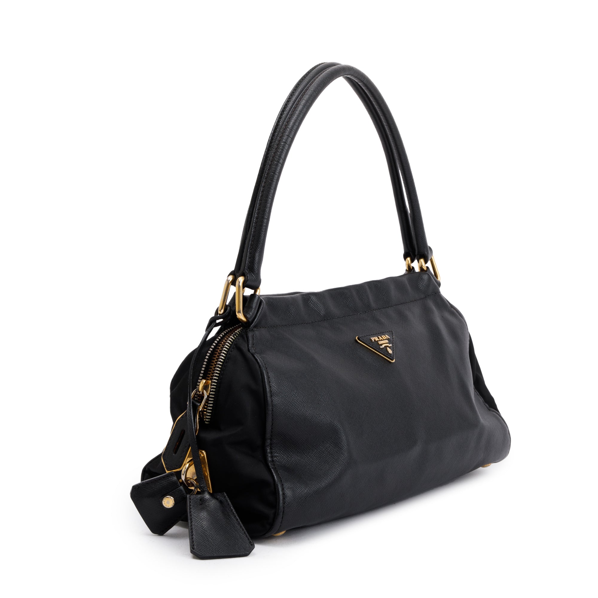 Prada Black Saffiano Leather & Tessuto Vernice Bauletto Frame Bag