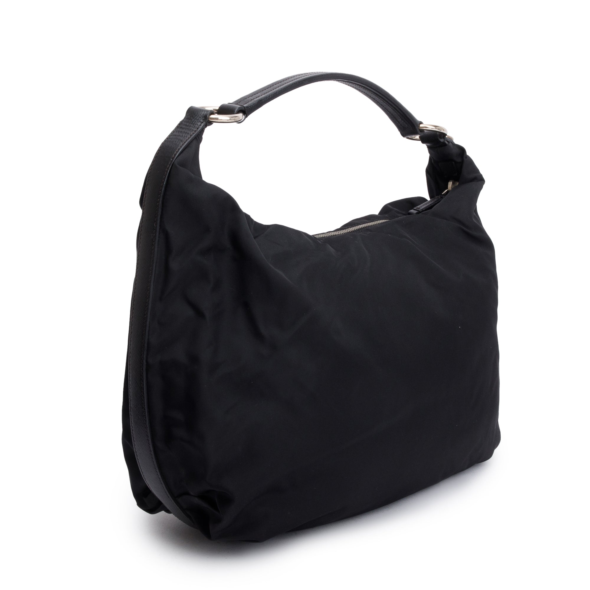 Prada Black Saffiano Leather-Trimmed Tessuto Nylon Hobo Bag