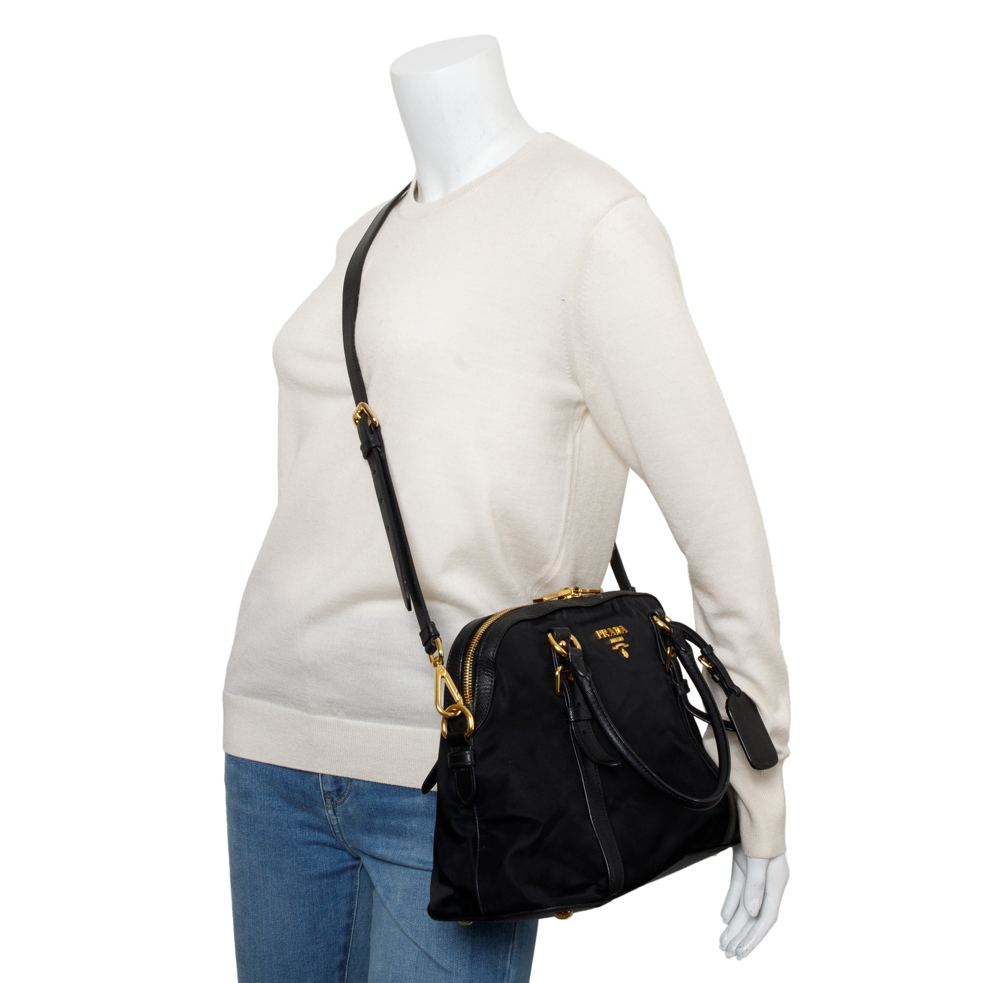 Prada Black Saffiano Leather-Trimmed Tessuto Nylon Shoulder Bag w/ Strap