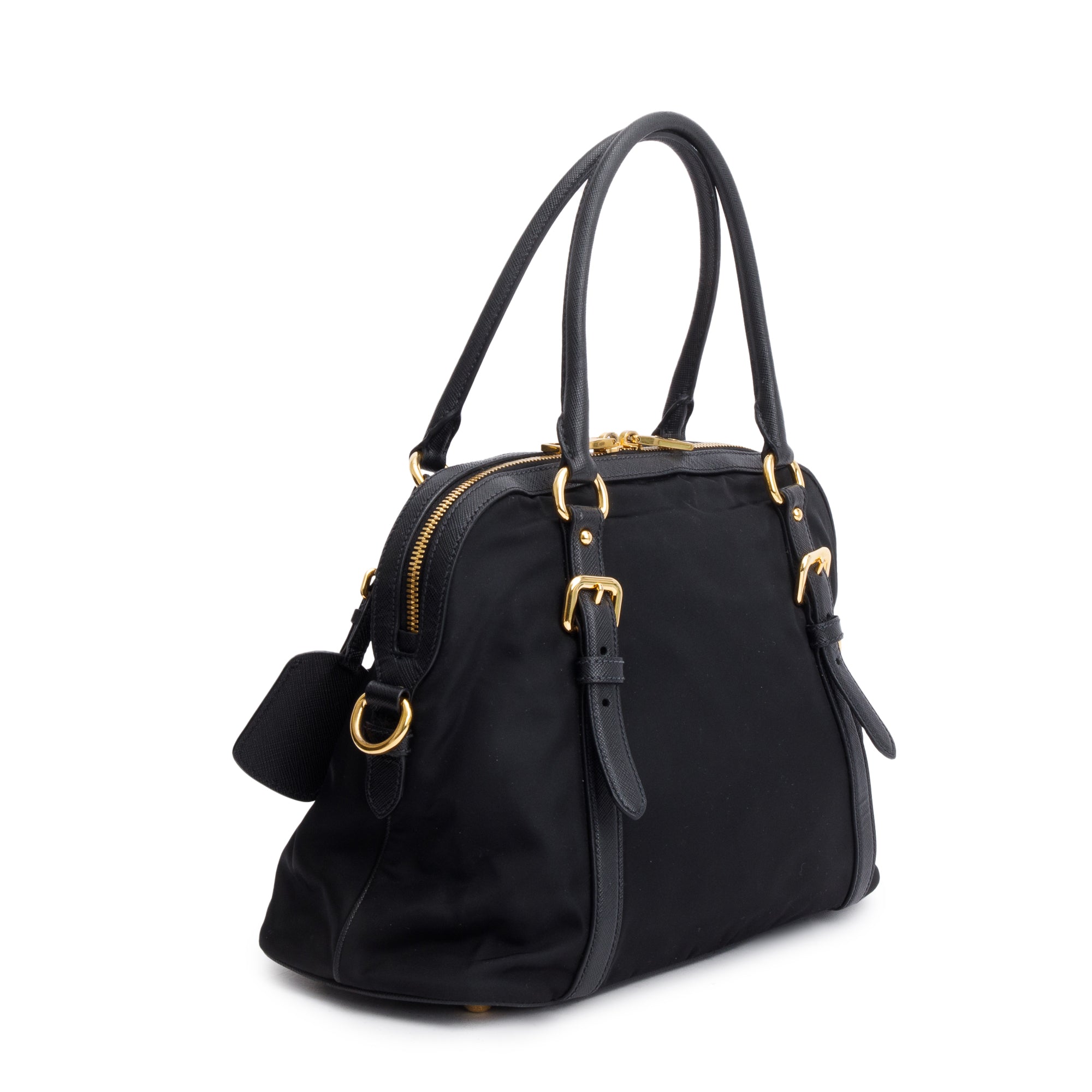 Prada Black Saffiano Leather-Trimmed Tessuto Nylon Shoulder Bag w/ Strap
