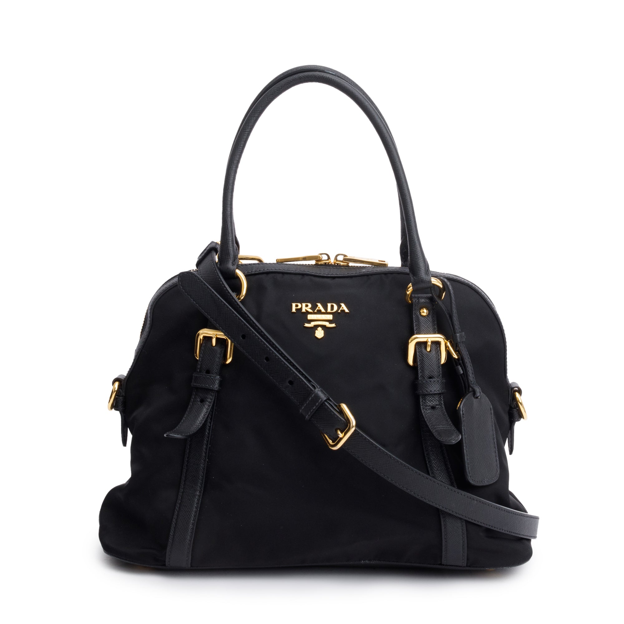 Prada Black Saffiano Leather-Trimmed Tessuto Nylon Shoulder Bag w/ Strap