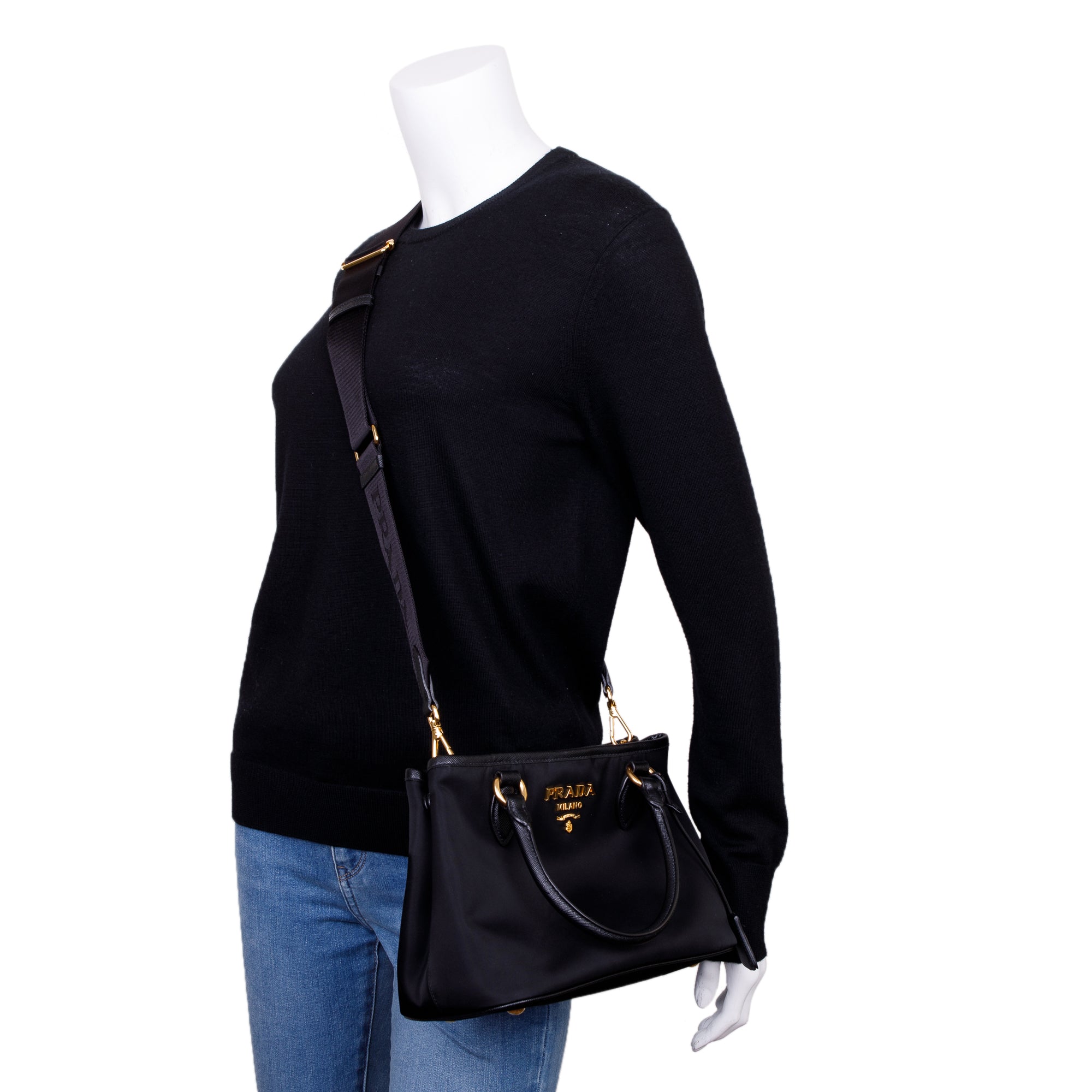 Prada Black Saffiano Leather Trimmed Tessuto Nylon Small Satchel w/ Authenticity Card & Strap