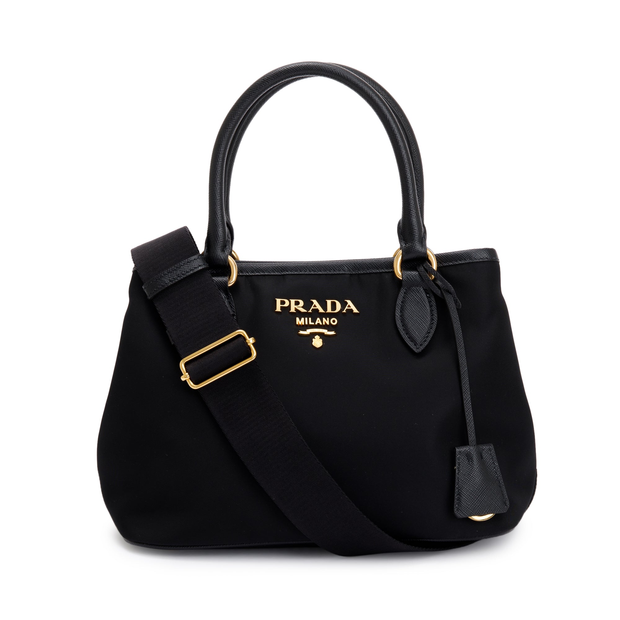 Prada Black Saffiano Leather Trimmed Tessuto Nylon Small Satchel w/ Authenticity Card & Strap