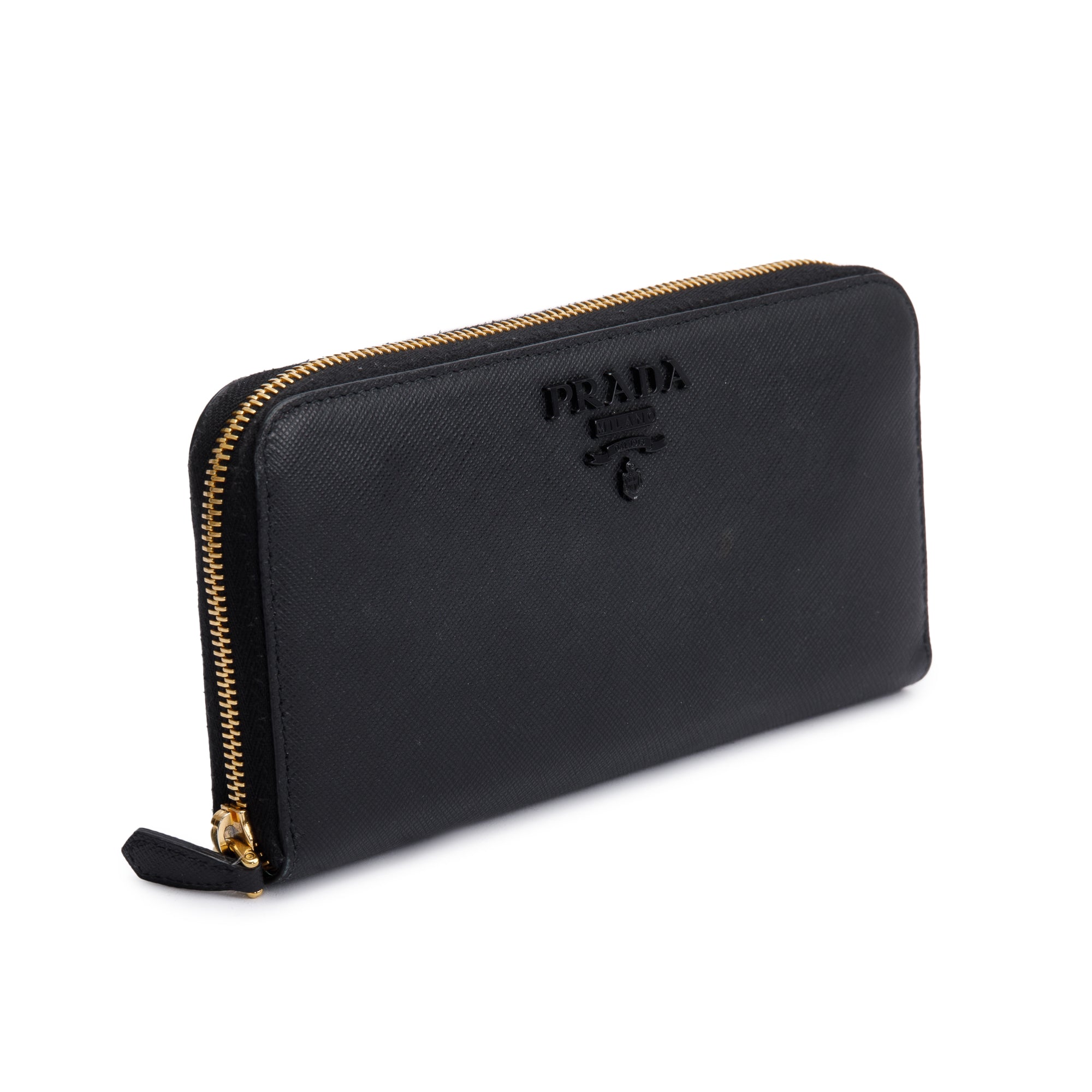 Prada Black Saffiano Leather Zip Around Wallet